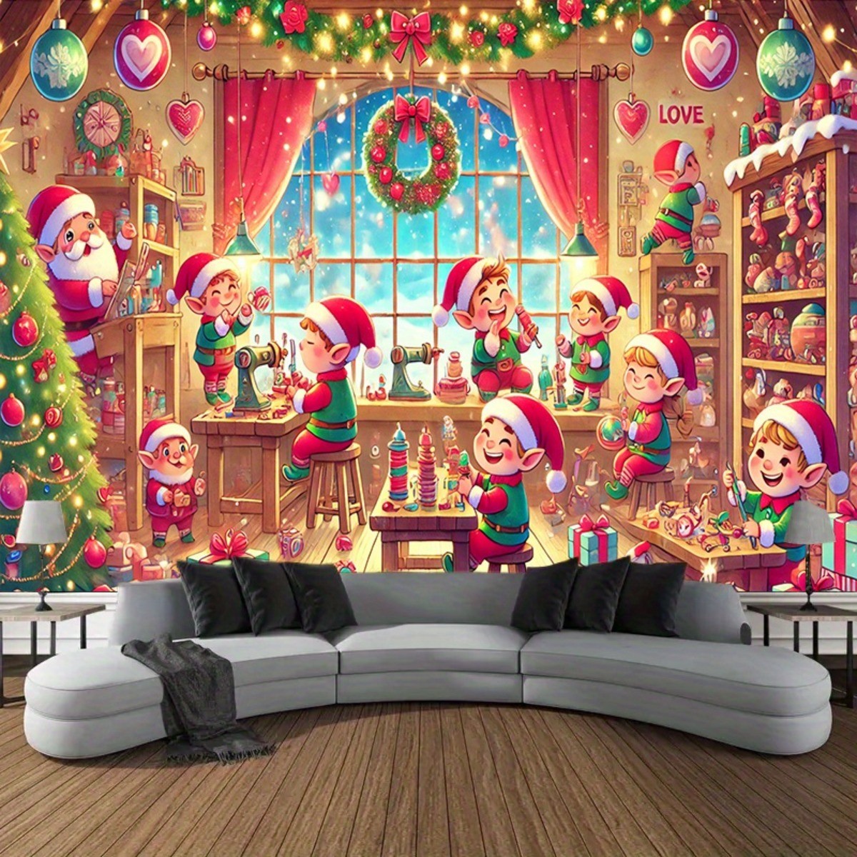 1pc Large Christmas Elves Toy Factory Tapestry Wall Hanging – 243x183cm (96×72)