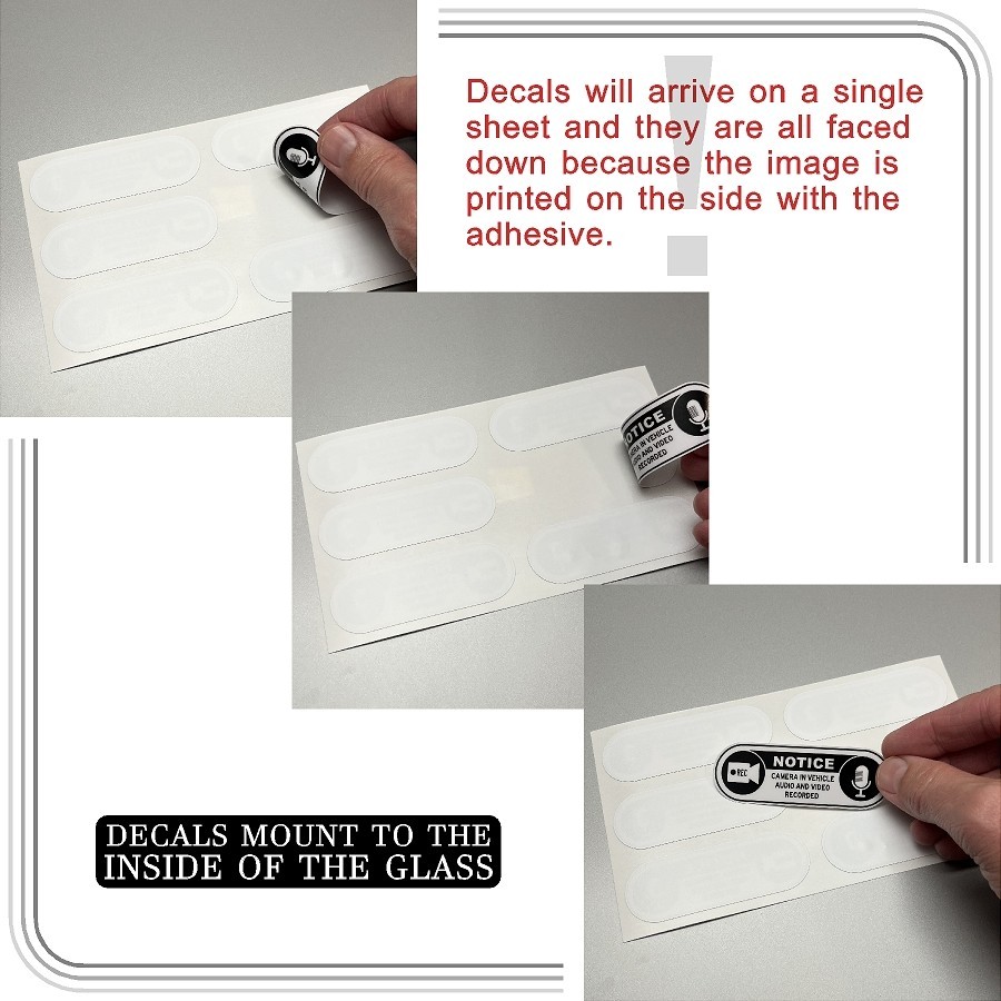 Camera in Car Recording Video 6-Pack INSIDE MOUNT Decals White Black 3.0&Prime; x 1.0&Prime;