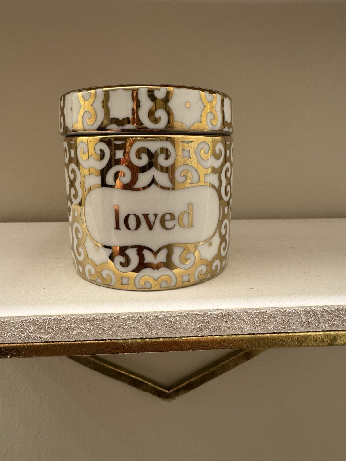 Decorative Ceramic Jar With Lid White & Gold “Loved” Elegant Home Decor