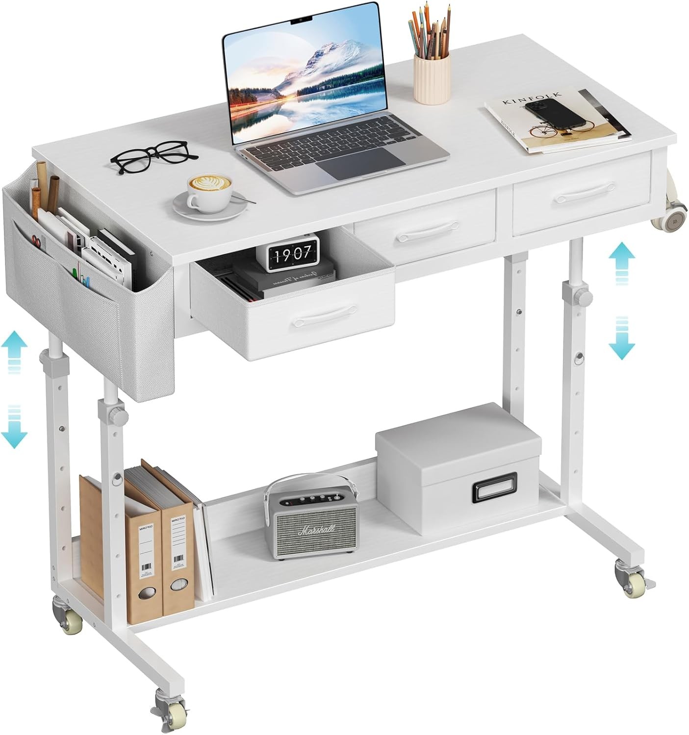Portable Rolling Computer Desk – 40&Prime; Adjustable Mobile Standing Desk with 3 Draw