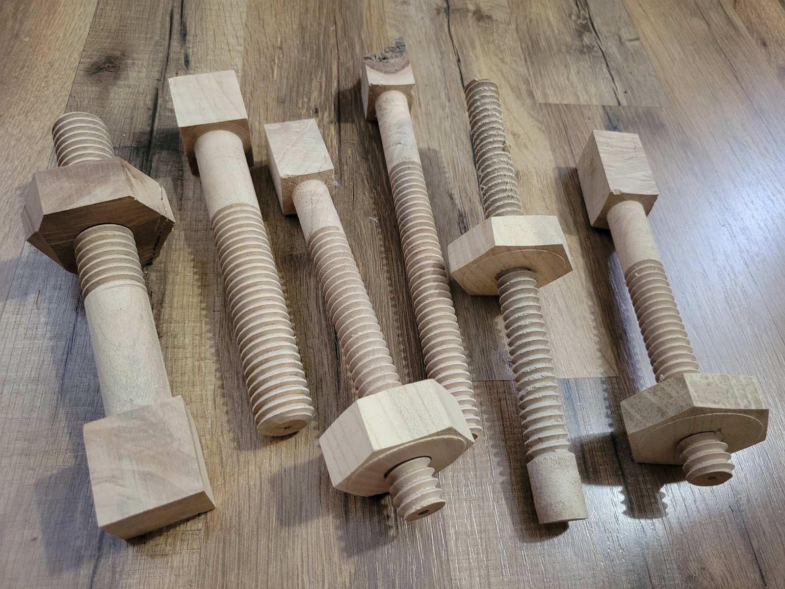 Handmade Wooden Screws. 3/4 in and 1 in Diameter by 8&Prime; . 4 with removable nut