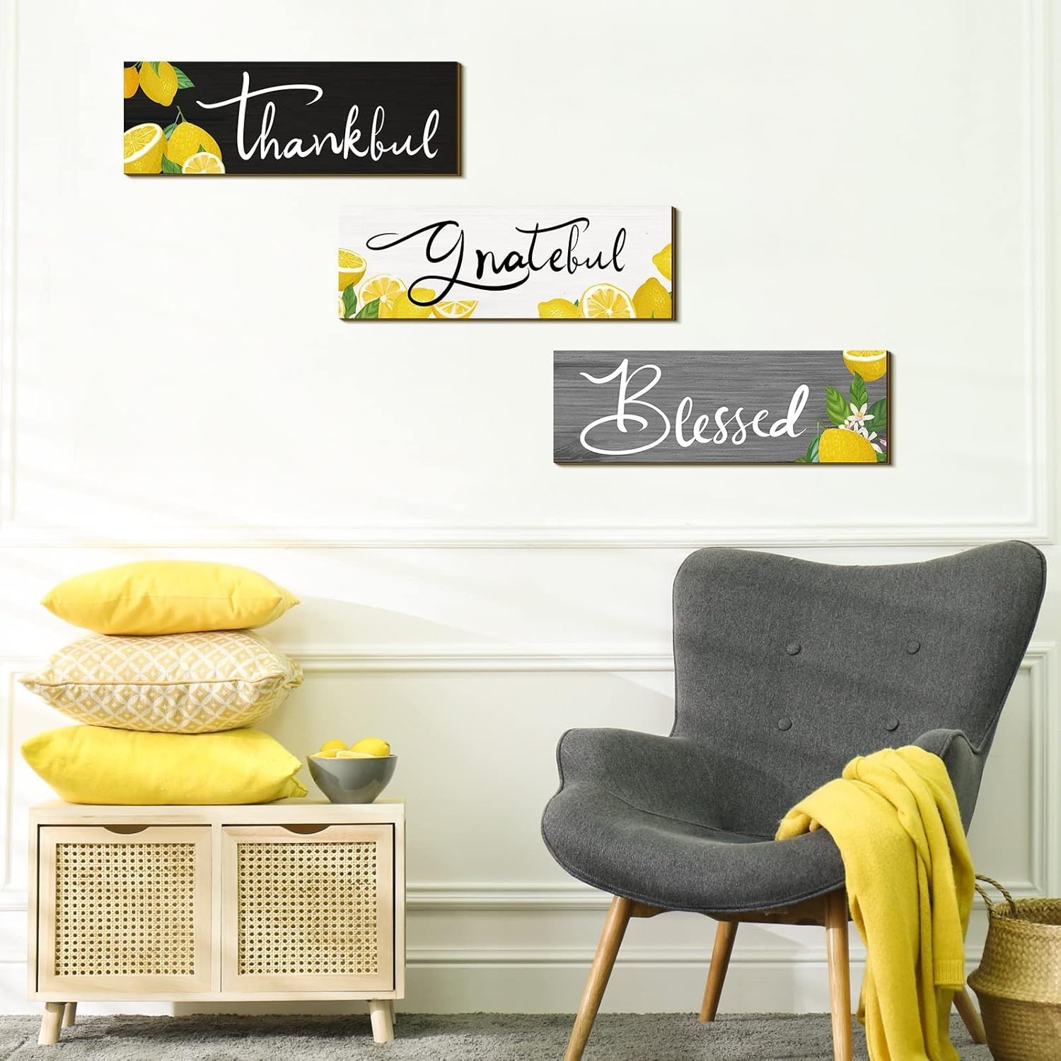 Versatile Decorative Wooden Lemon Signs – Thankful Grateful Blessed 3 Pcs Set