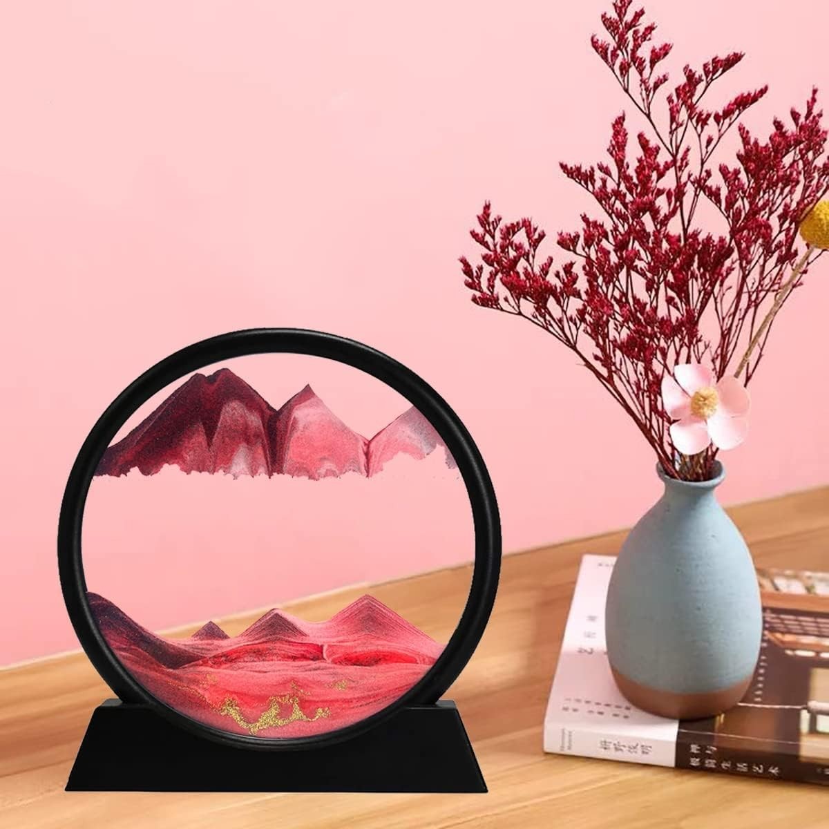 Orange Moving Sand Desk Art – 3D Deep Sea Sandscape, 7 Inch round Liquid Motion
