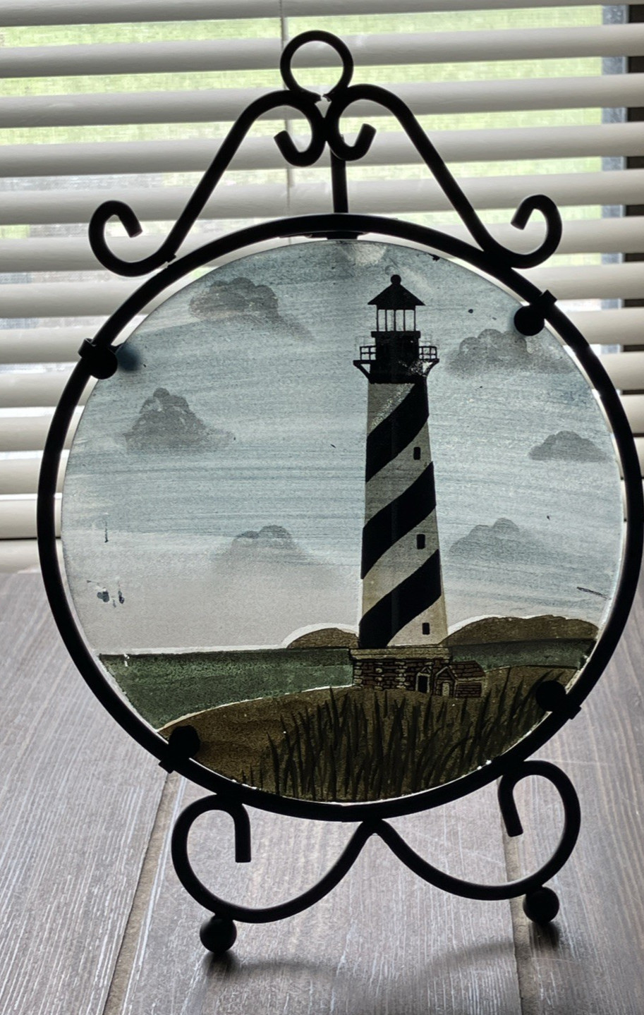 Cape Hatteras NC Lighthouse Hand Painted Glass, Metal Stand 6.25in Suncatcher