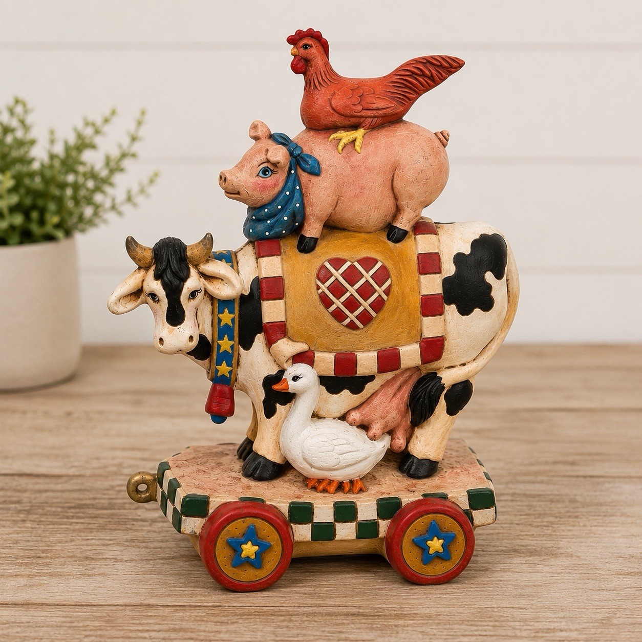 Checkered Farm Animal Stack Figurine Cow Pig Rooster Goose Folk Art 10.5&Prime;