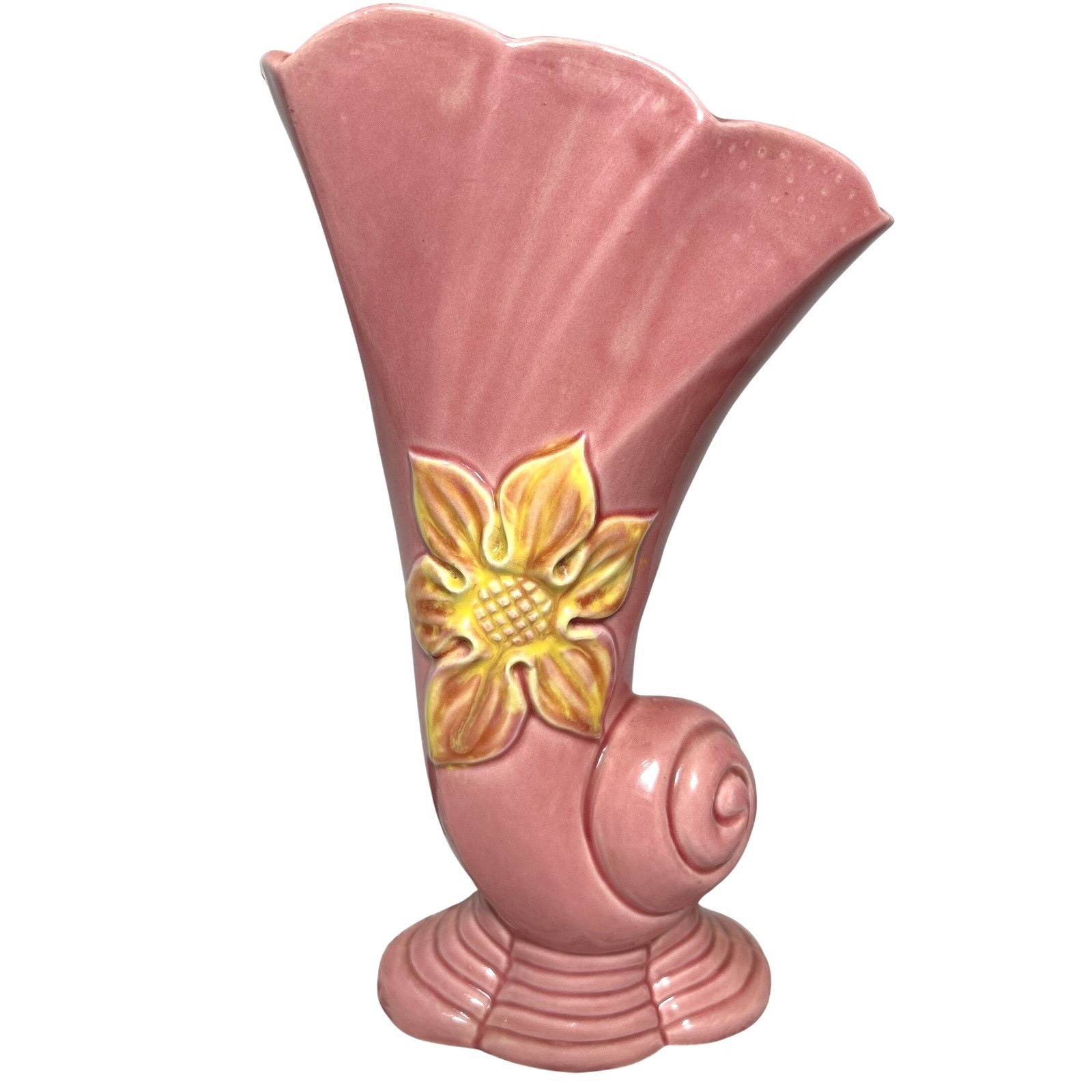 Vase Pink Ceramic Floral Swirl MCM Mid Century 1950s(c) Hibiscus Art Decor Boho