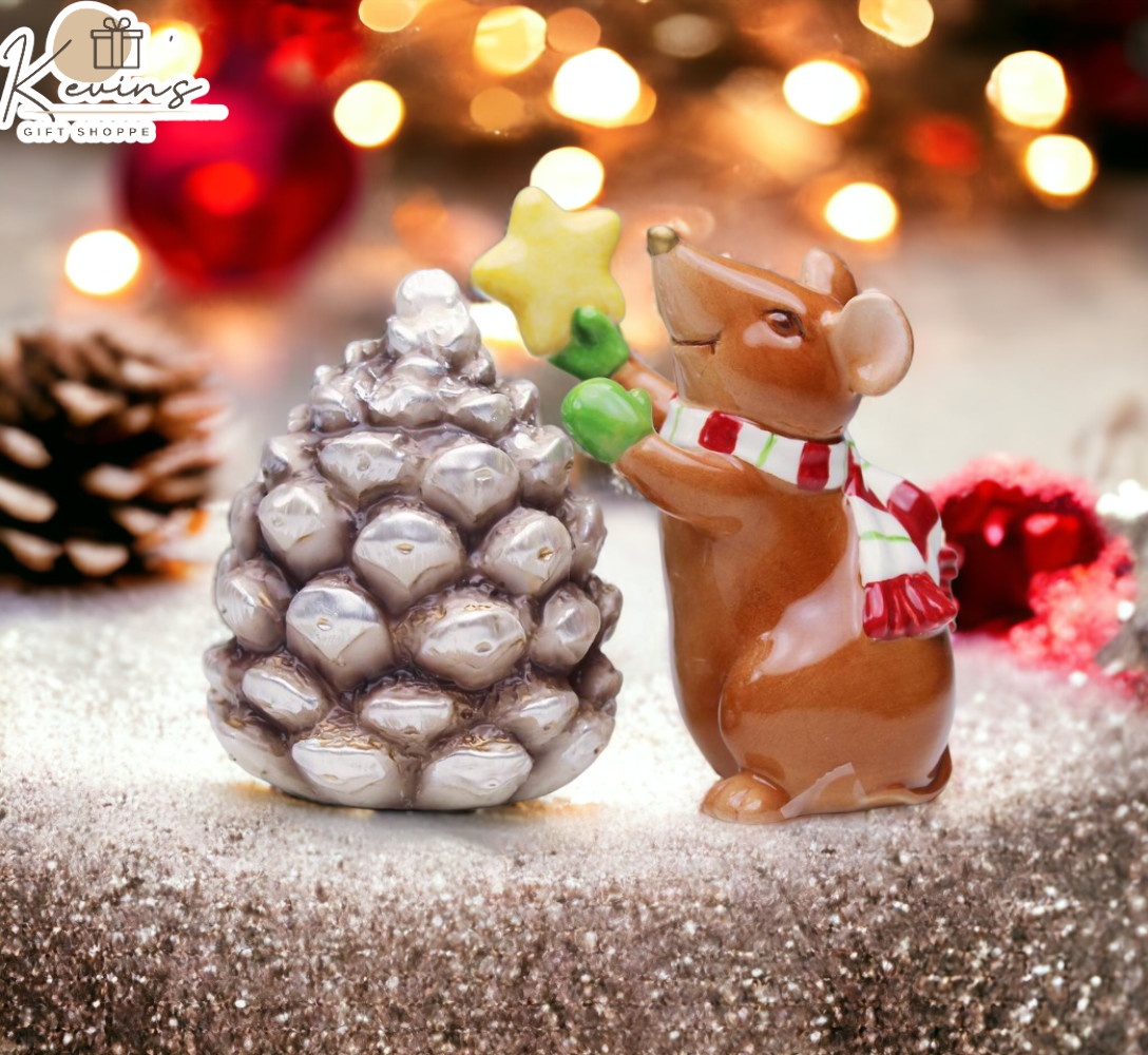Ceramic Christmas Mouse With Pinecone Salt & Pepper Shakers, Home Décor, Gift fo