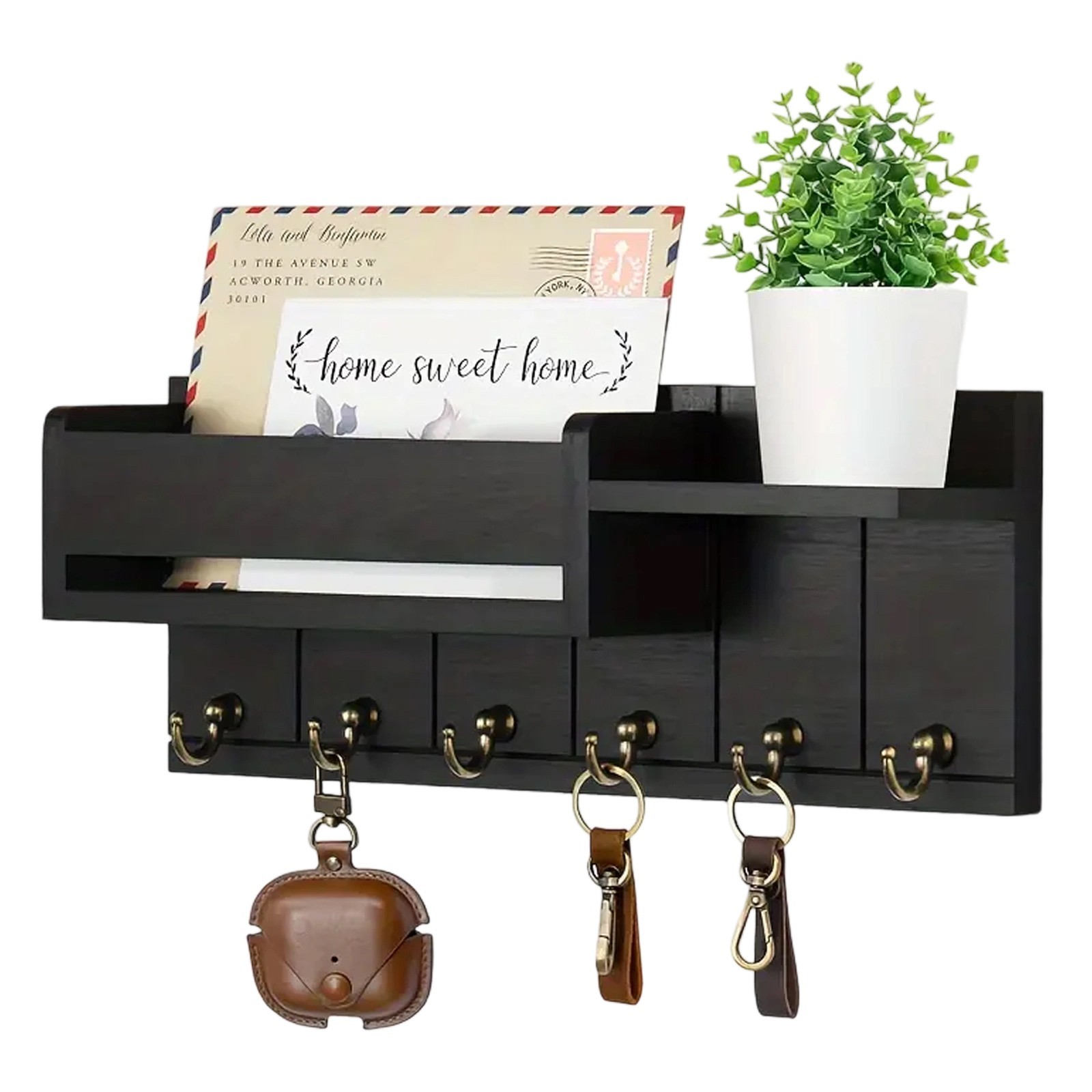 Wall-Mounted Key Holder & Mail Organizer with Hooks – Entryway Storage & Decor