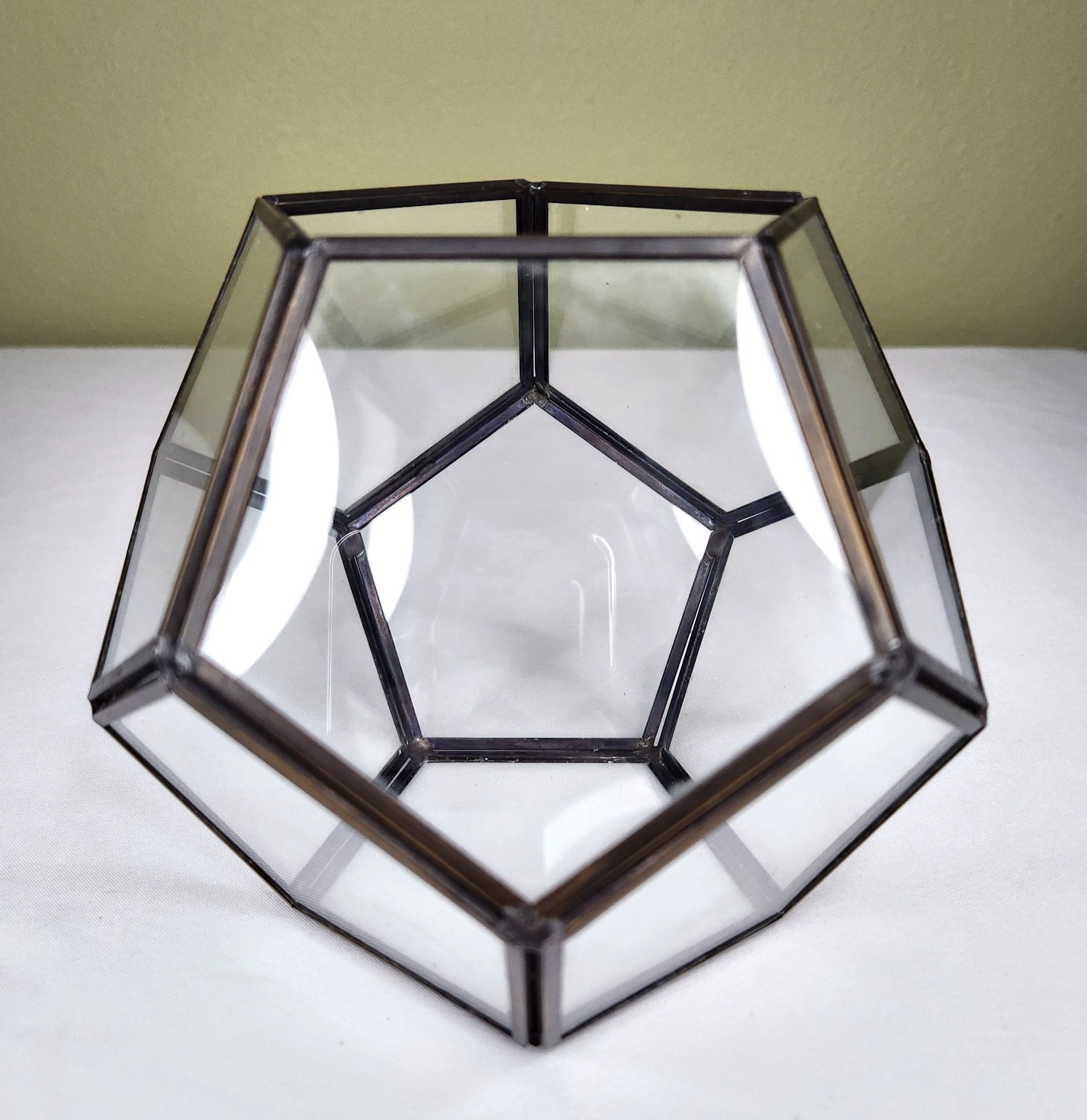 Glass Geometric Terrarium Brown Metal Edging 5.5in Pentagon Shape Sections
