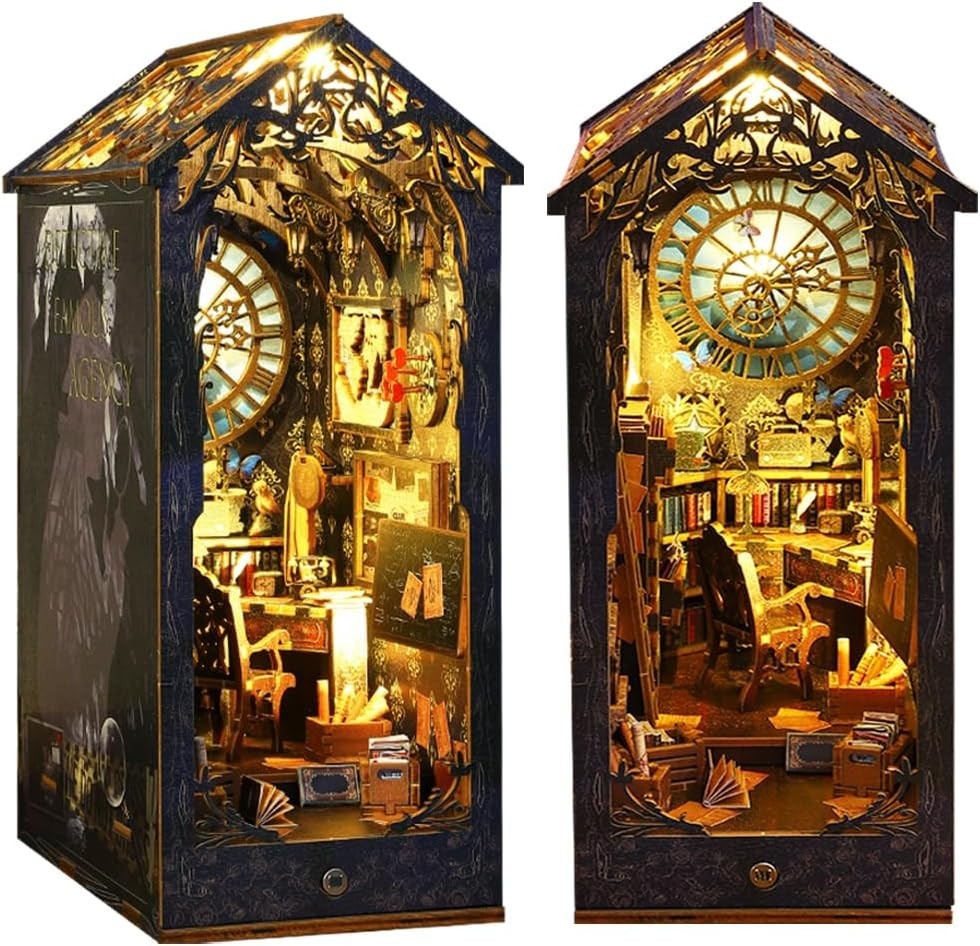 DIY Book Nook Kit Decor – 3D Wooden Puzzle Bookshelf Decor with LED, Bookend Dio