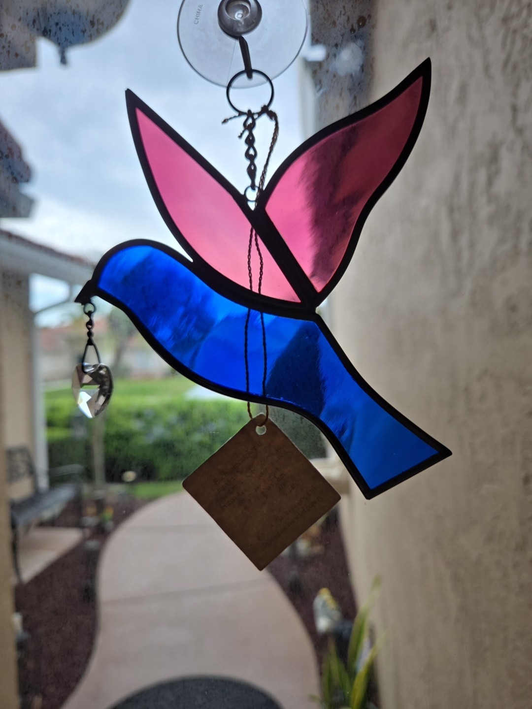 Vintage Via Vermont Leaded Glass Suncatcher Dove 5 X 5 w Swarovsky Crystal Heart