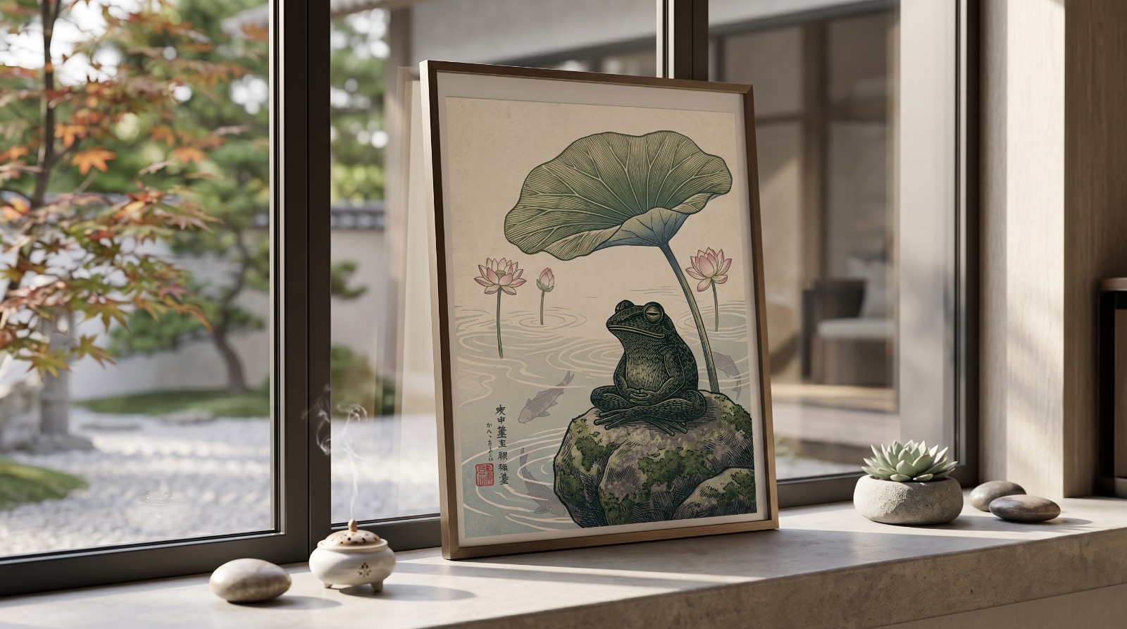 Japanese Ukiyo-e Frog Woodblock Art Poster Meditating Zen Frog Lotus Wall Decor