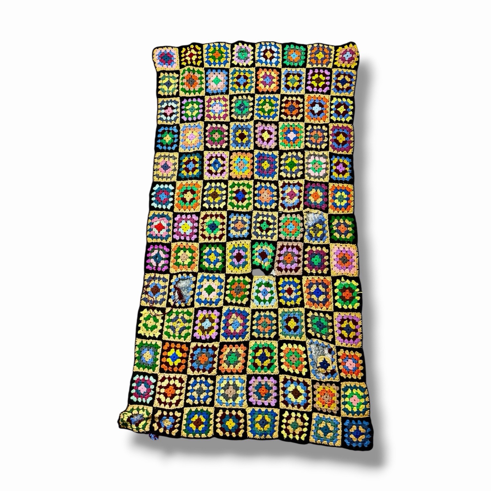 * Vintage GRANNY SQUARE Crochet Afghan Blanket Throw Roseanne Style 64×36 – RIPS