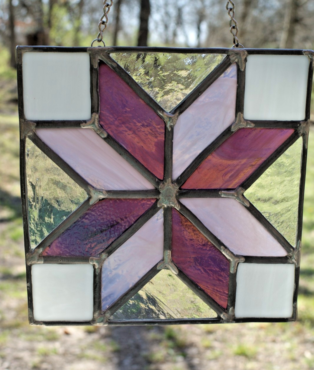 SG28 – Handcrafted Stained Glass Suncatcher, Star Quilt Pattern, 8X8 inches
