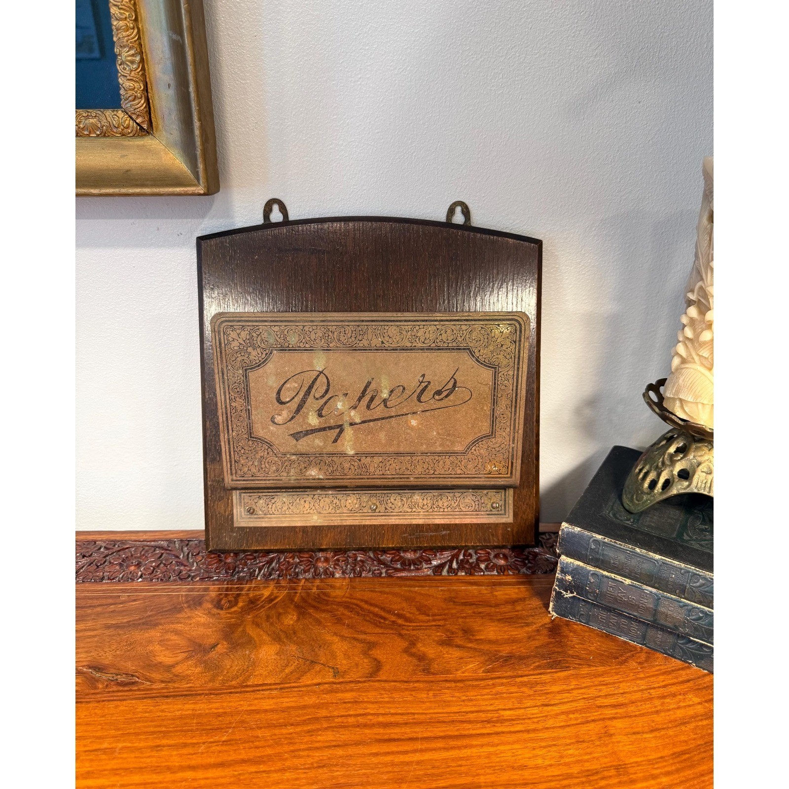 Antique Oak Paper Holder with Brass Front