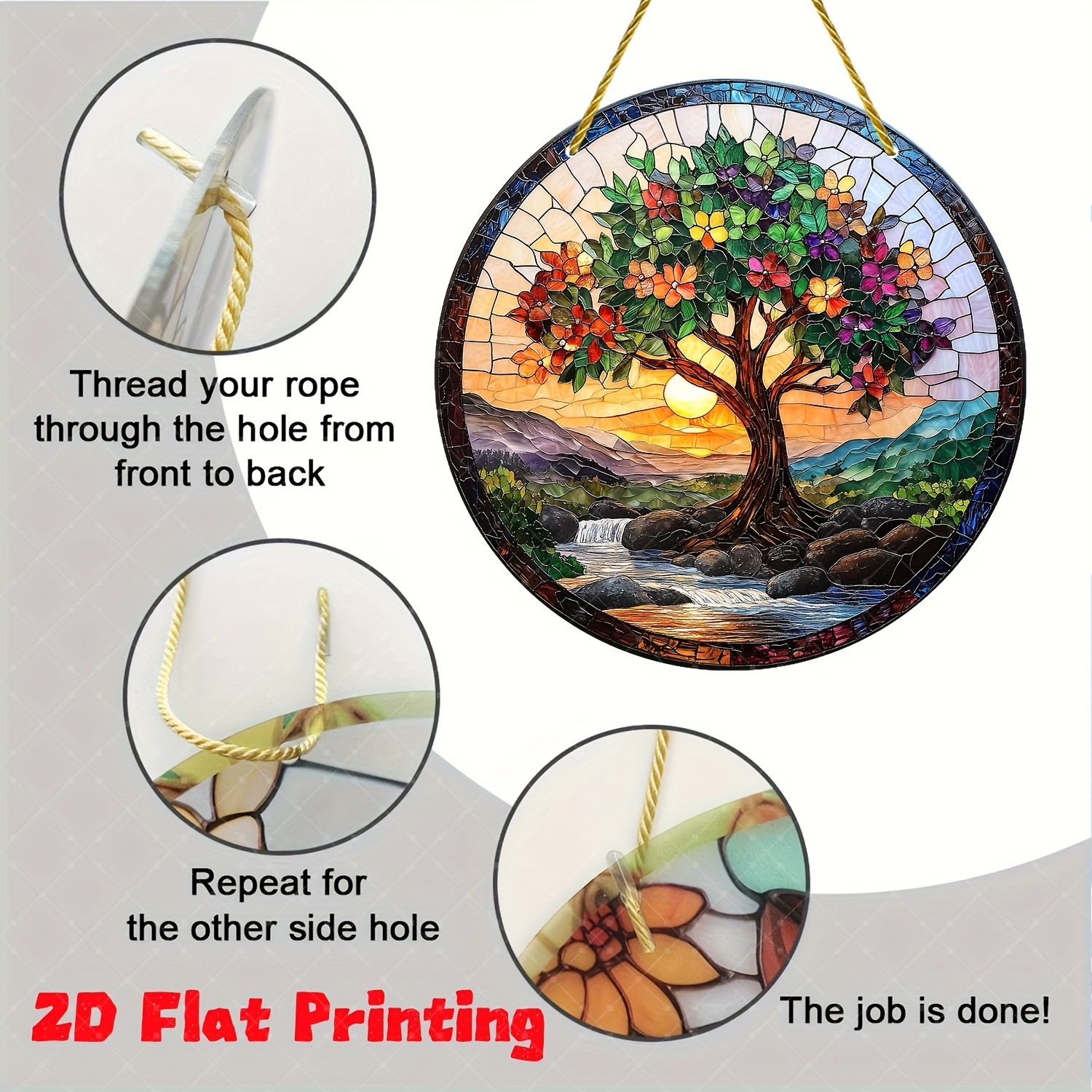 Tree of Life Landscape Round Acrylic Suncatcher Window Hanging Home Garden Decor