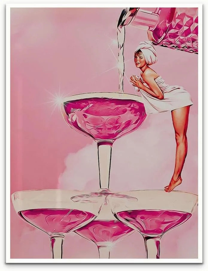 Pink Vintage Bar Cart Canvas Poster-Alcohol Cheers Poster-Champagne Glass Printa