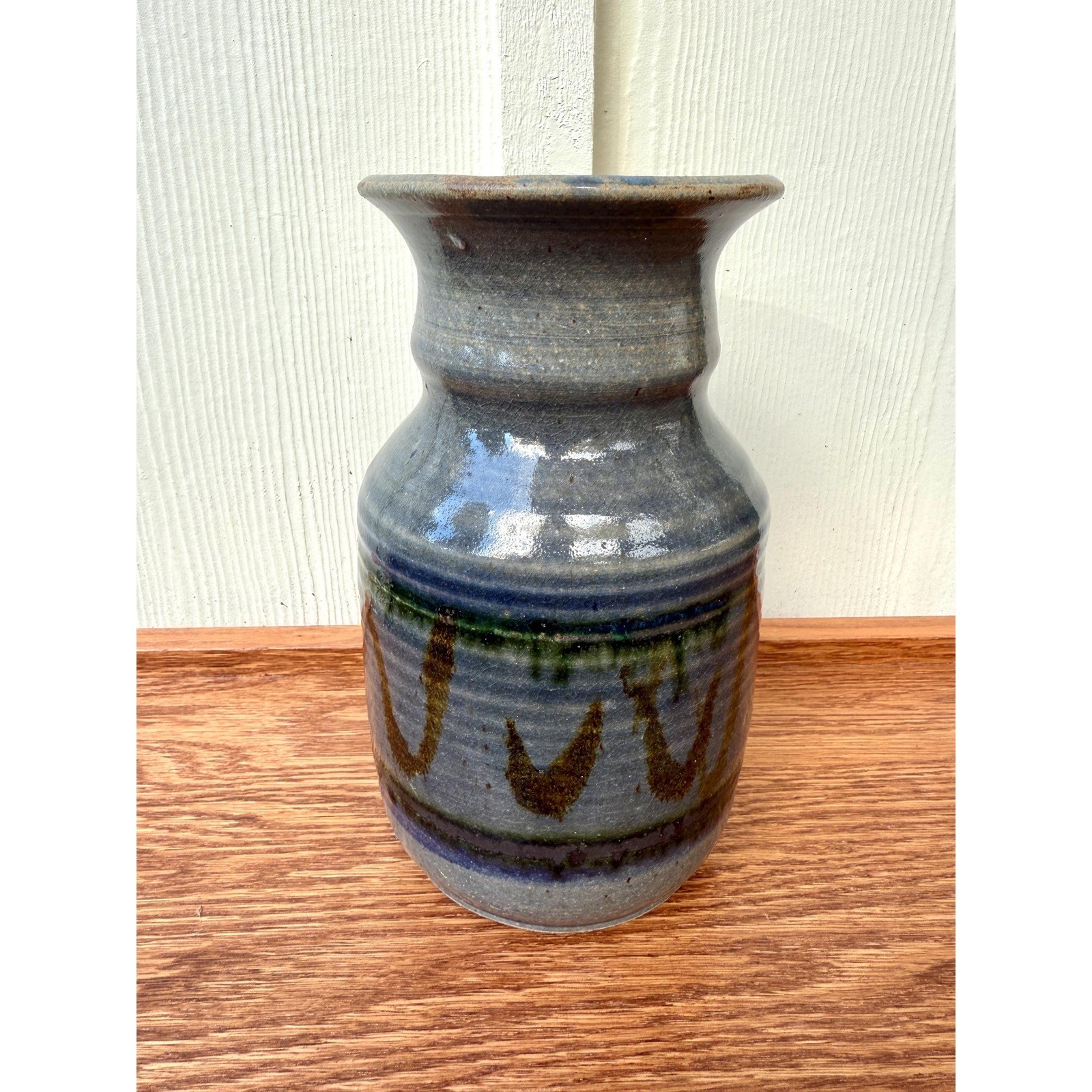 MCM Handmade Studio Pottery Vase, Blue-Gray w/ Green, Chestnut