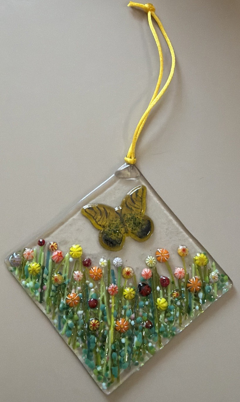 Fused Glass Handmade Diamond Shaped Multicolored Sun Catcher Signed By Artist