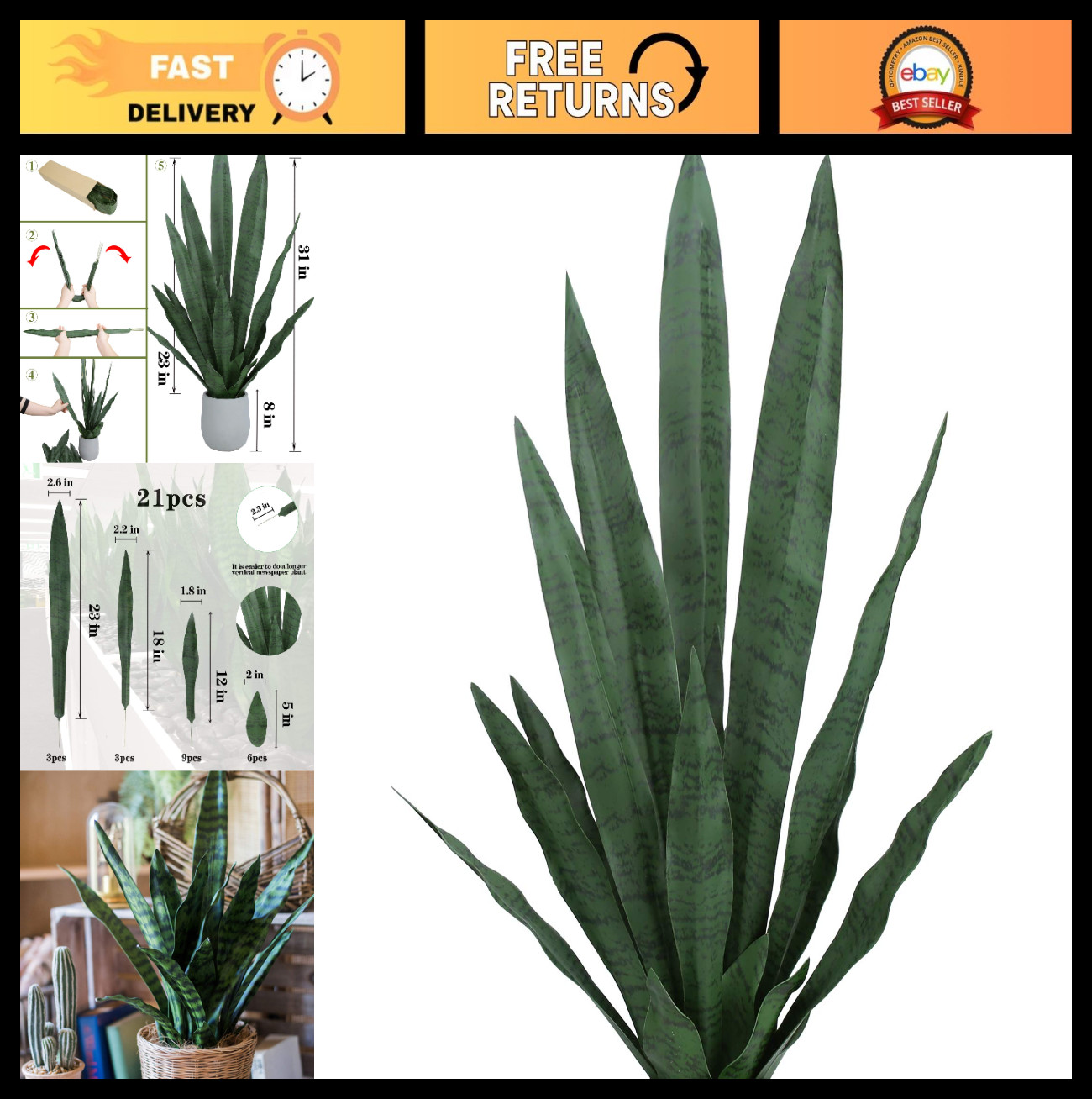 23&Prime; Snake Plant Artificial Leaves Set – 21pcs Faux Sansevieria Greenery for Home