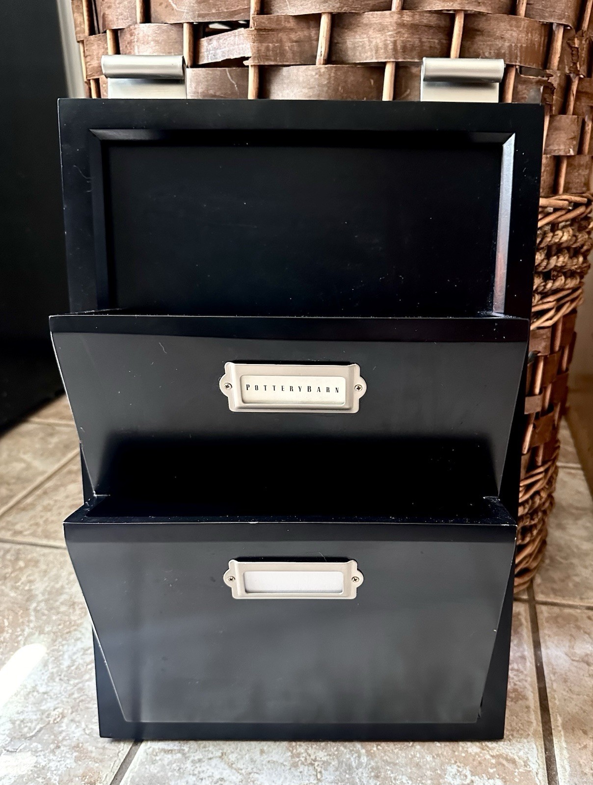 Pottery Barn Bedford Black Wood 2-Tier Wall Hanging Mail Sorter File Organizer