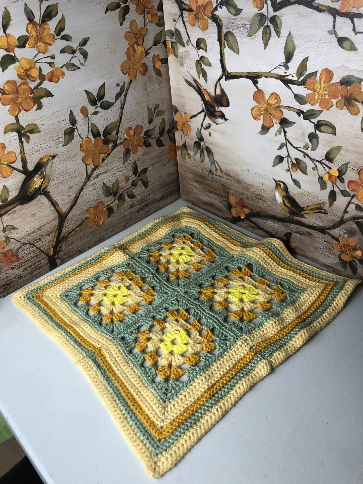 Vintage Handmade Crocheted Granny Square Afghan Doll/Side Table Top 18” Yellow