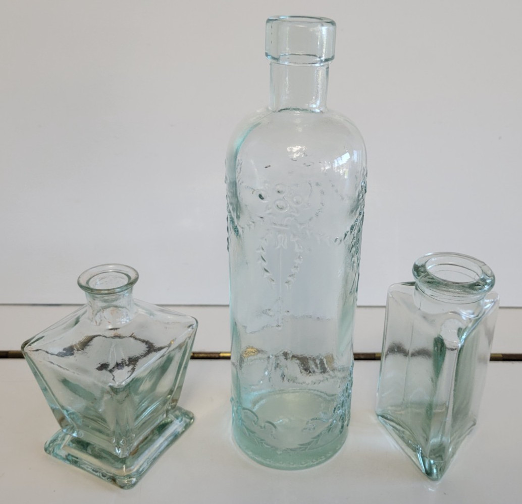 3 Light Green Recycled Glass Decorative Bottles Square Round and Triangle