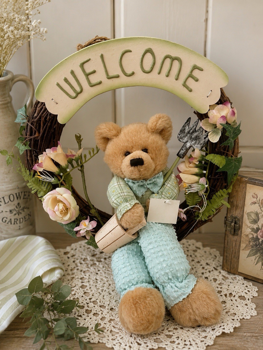 Vintage Grapevine Heart Wreath Welcome Sign Teddy Bear Cottage Core Rustic