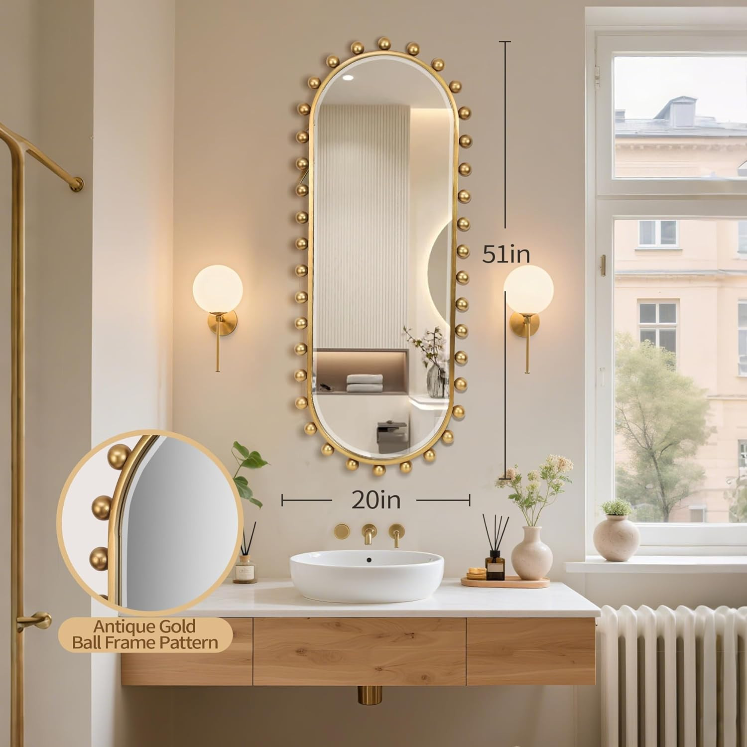 Antique Gold Beaded Full-Length Oval Mirror – 20&Prime;x51&Prime; for Any Room