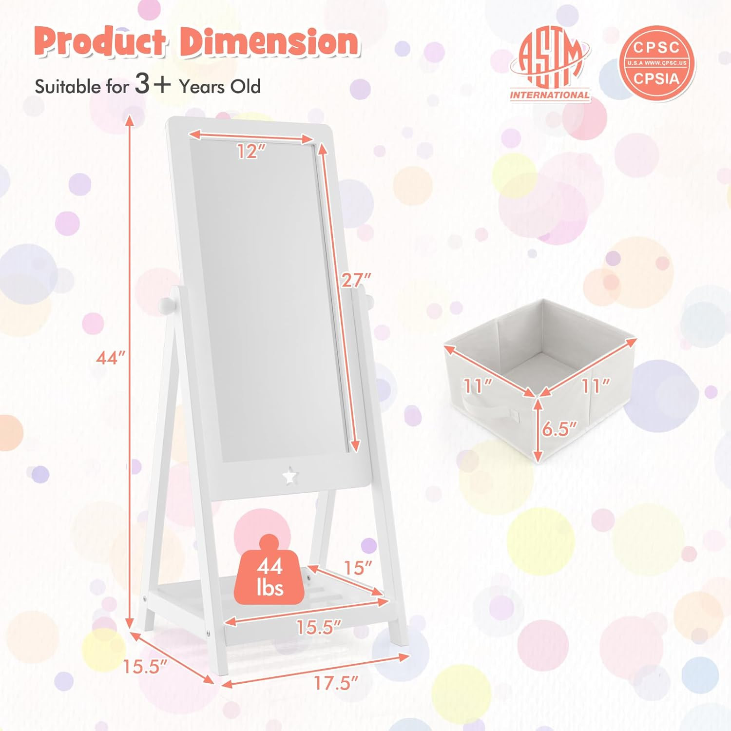 Adjustable Freestanding Kids Mirror with Storage Box for Shoes & Accessories