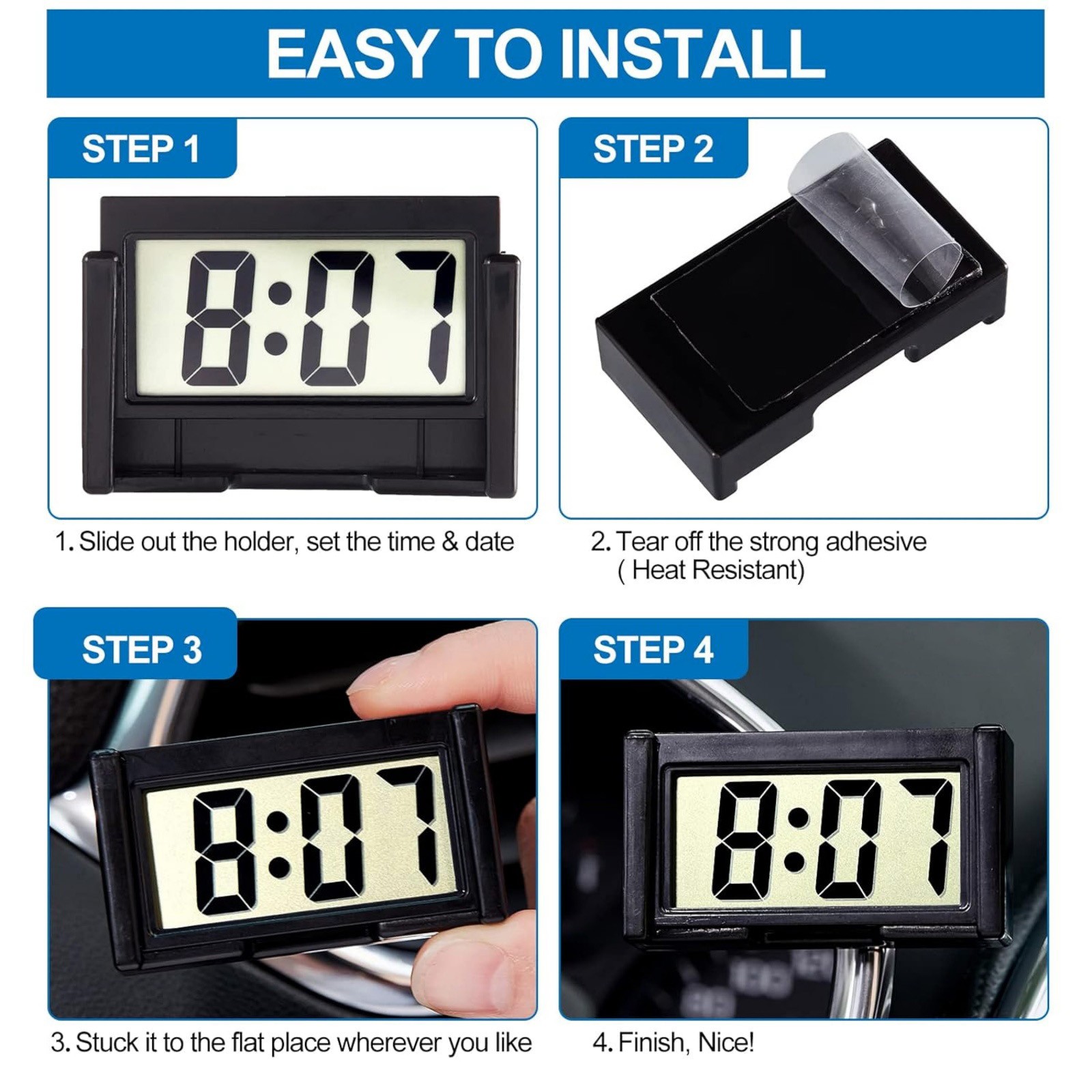 3PCS Small Digital Clock Mini Adhesive Stick On For Car Home Office Use New Set