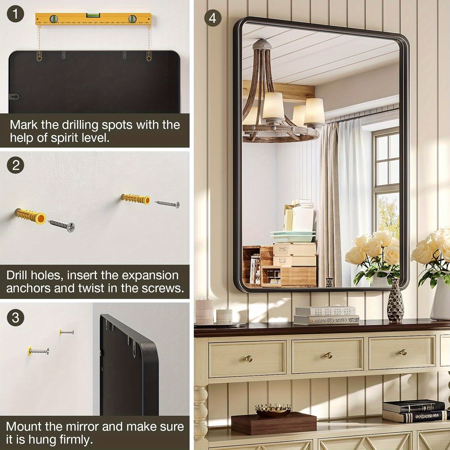 Black metal framed rounded rectangle bathroom mirror 3 sizes Matte black