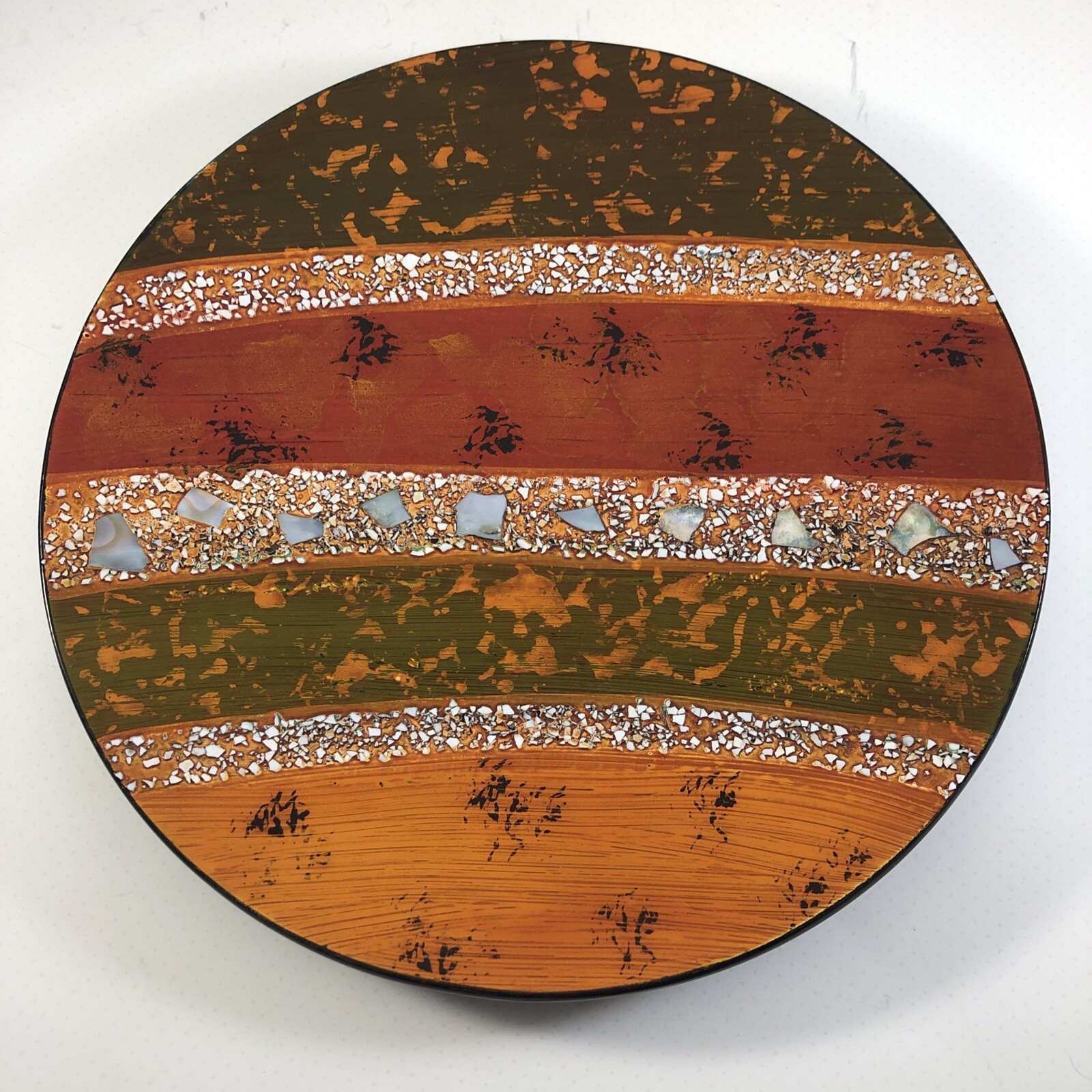 Red Orange Lacquer Plate Pearl Decorative 7.75 in. Trinket Dish Vintage MCM