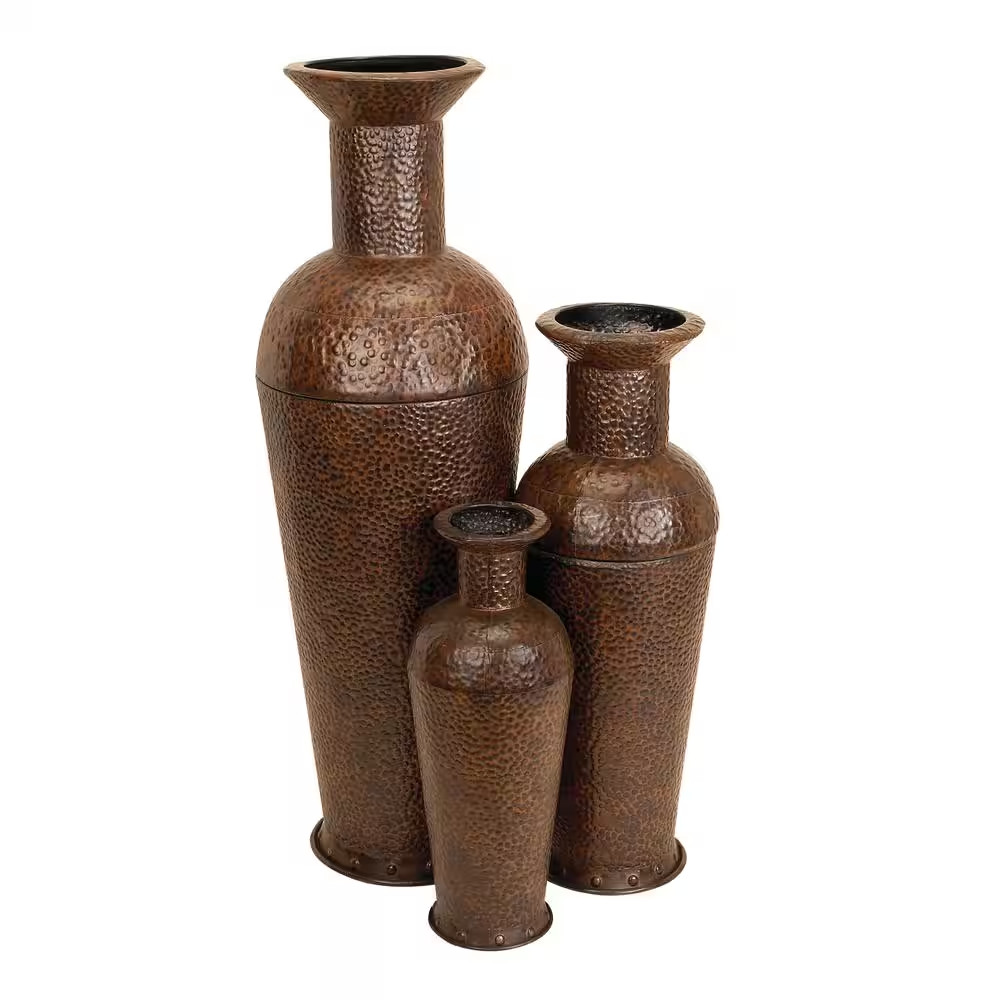 50 In., 35 In., 26 In. Brown Tall Floor Bottleneck Metal Decorative Vase with Bu