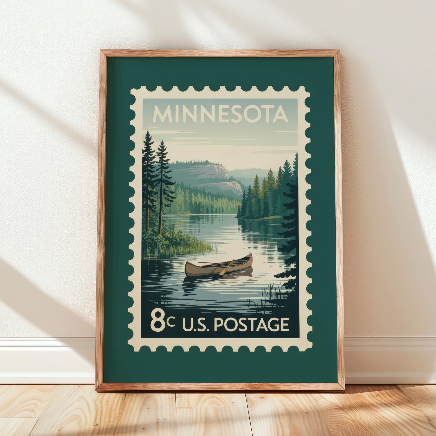 Minnesota Canoe Vintage Stamp Poster Lake Forest Illustration Wall Art
