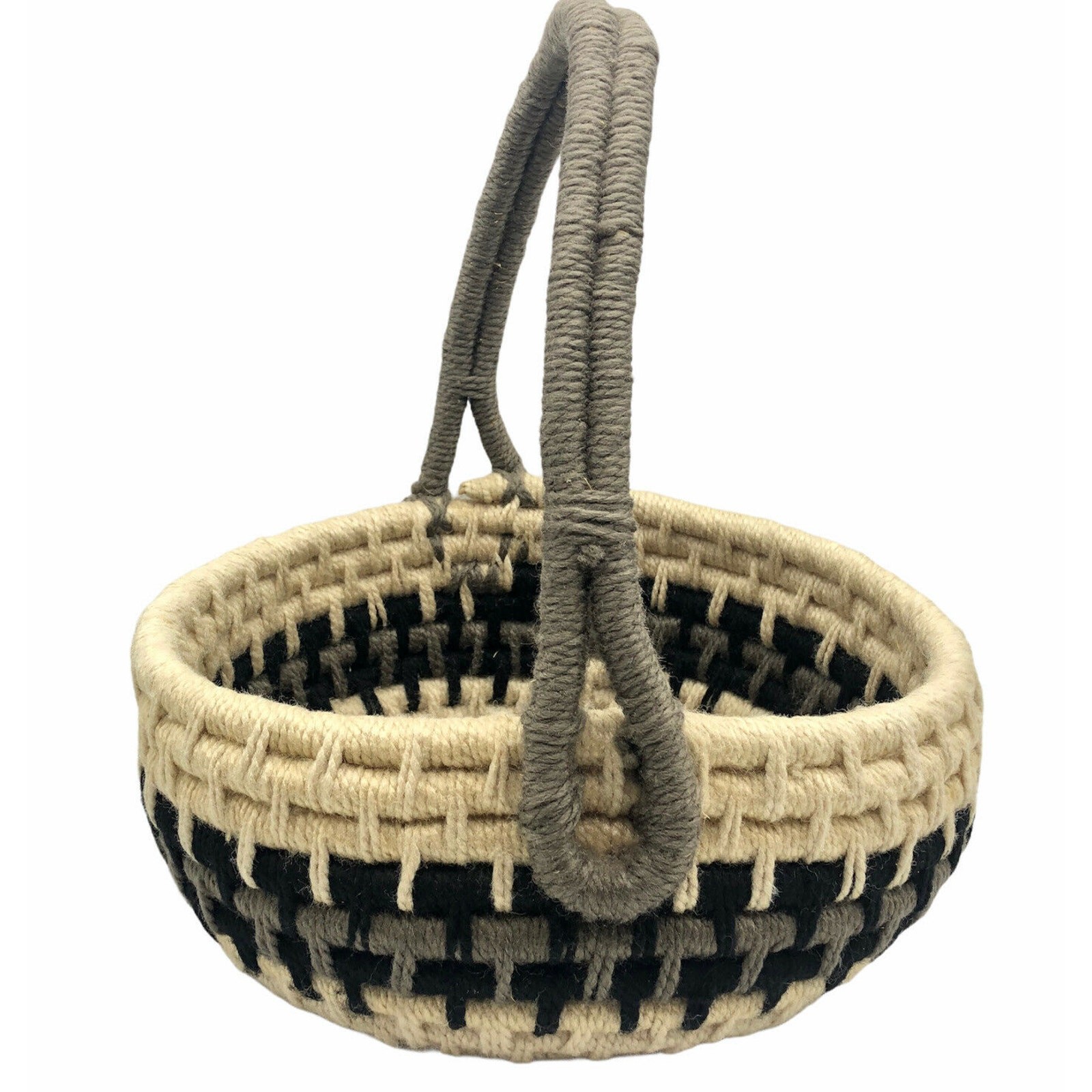 Chunky Coiled Woven Round Basket with Handle Wool Gray Black Ivory 12”x16&Prime;