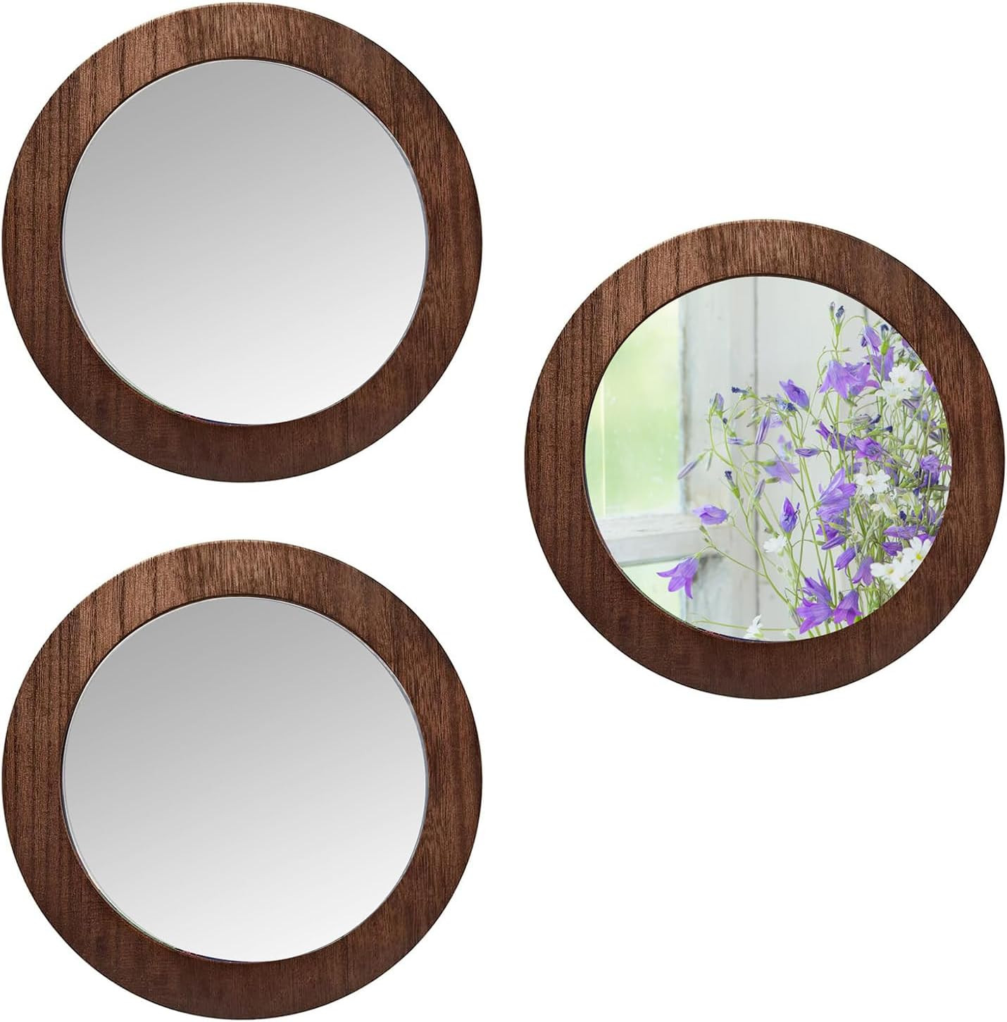 3 PCS Wall Mirrors Decorative, 8 Inch Small Round Rustic Wood Mirror Decorative