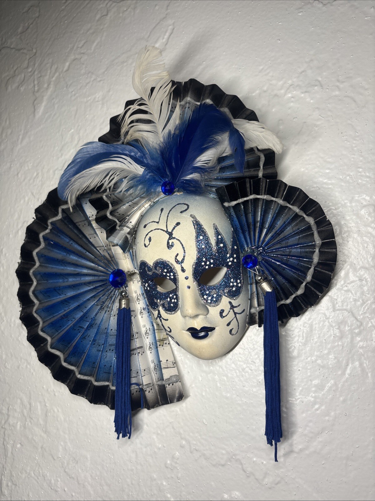 Hand Painted Venetian Carnival Mask Blue And White Musical Noted Papermache