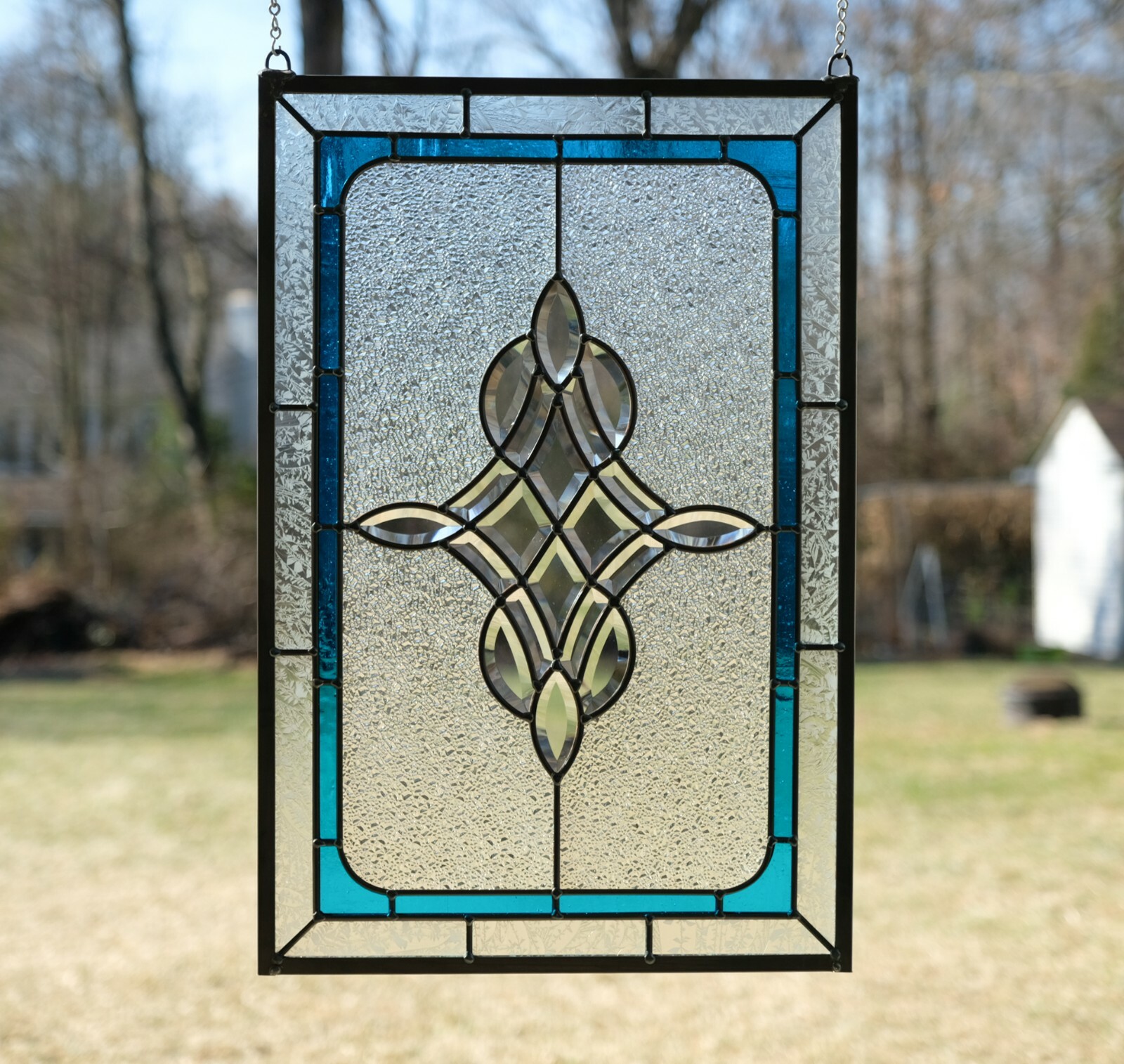 Handcrafted stained glass Clear Beveled window panel 16&Prime; x 24&Prime;