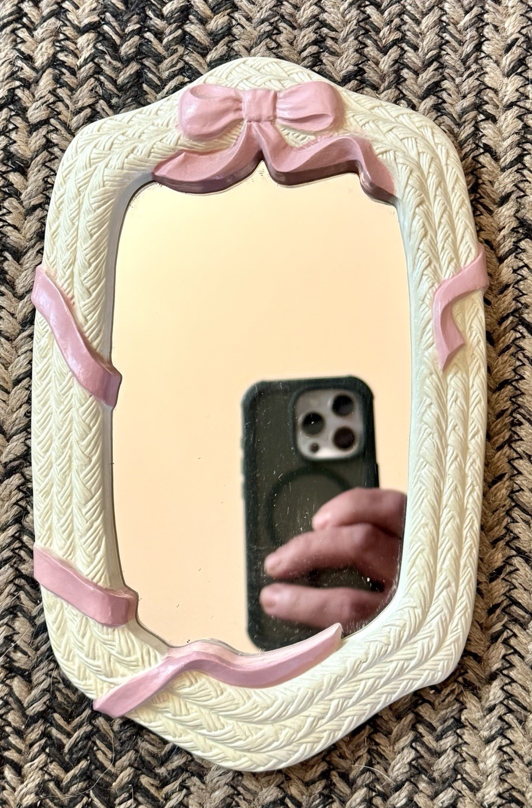 VTG Homco Burwood Pink Ribbon White Wicker 12pc Wall Decor Mirror Set Complete