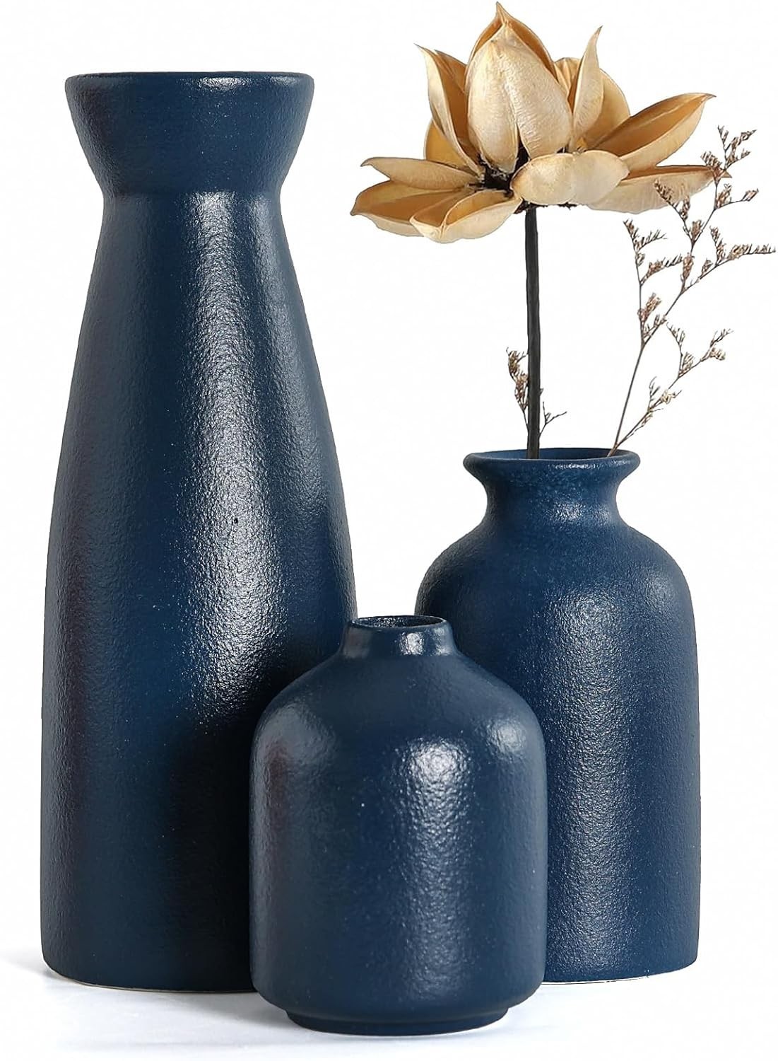 Elegant 3-Piece Ceramic Blue Vases Set – Bohemian Flower Decor for Home