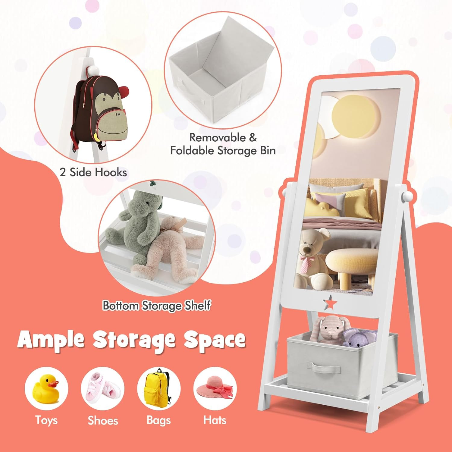 Adjustable Freestanding Kids Mirror with Storage Box for Shoes & Accessories