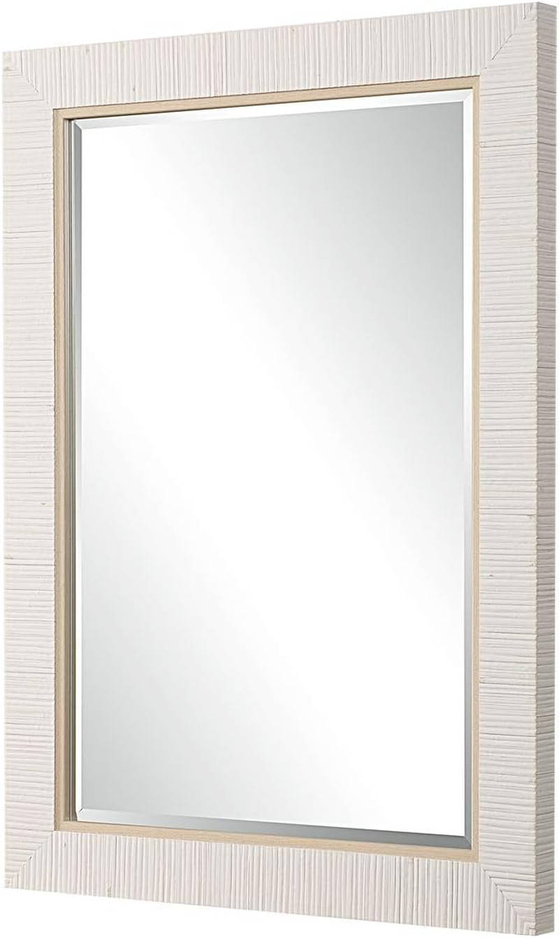 Coastal Whitewashed Rattan Frame Mirror – Modern Vanity Decor (25×35 in)