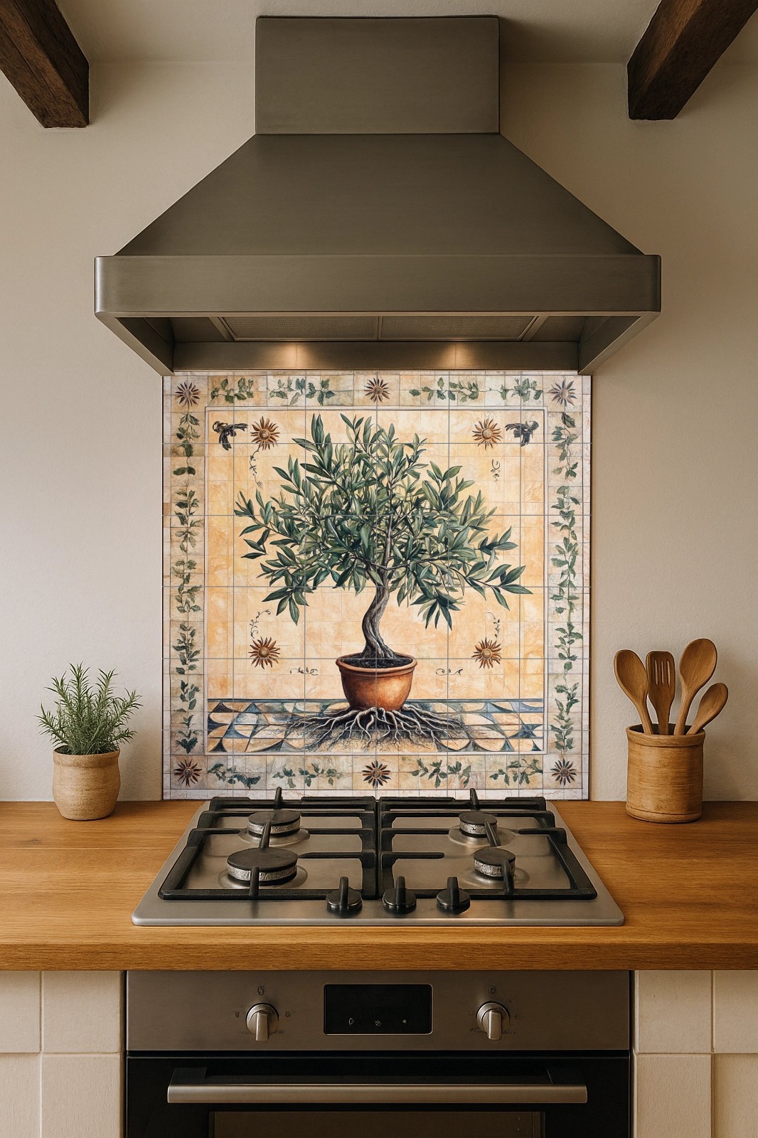Olive Tree of Life Ceramic Tile Mural Symbolic Mediterranean Wall Art Panel