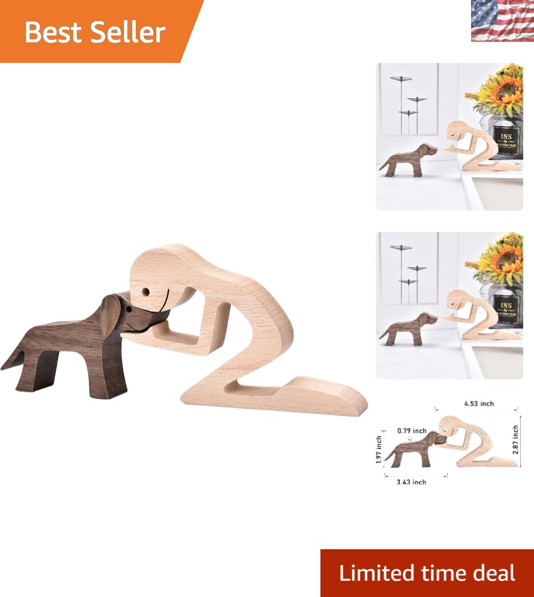 Whimsical Two-Piece Wood Dog and Man Figurine – Artistic Gift for All Ages