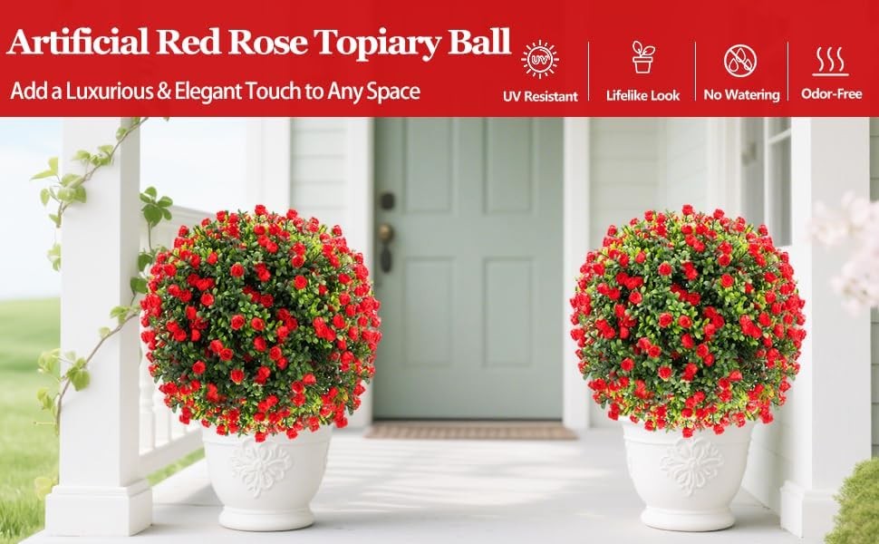 2 Set Artificial Rose Boxwood Topiary Ball Trees with Ground Spike, UV protected