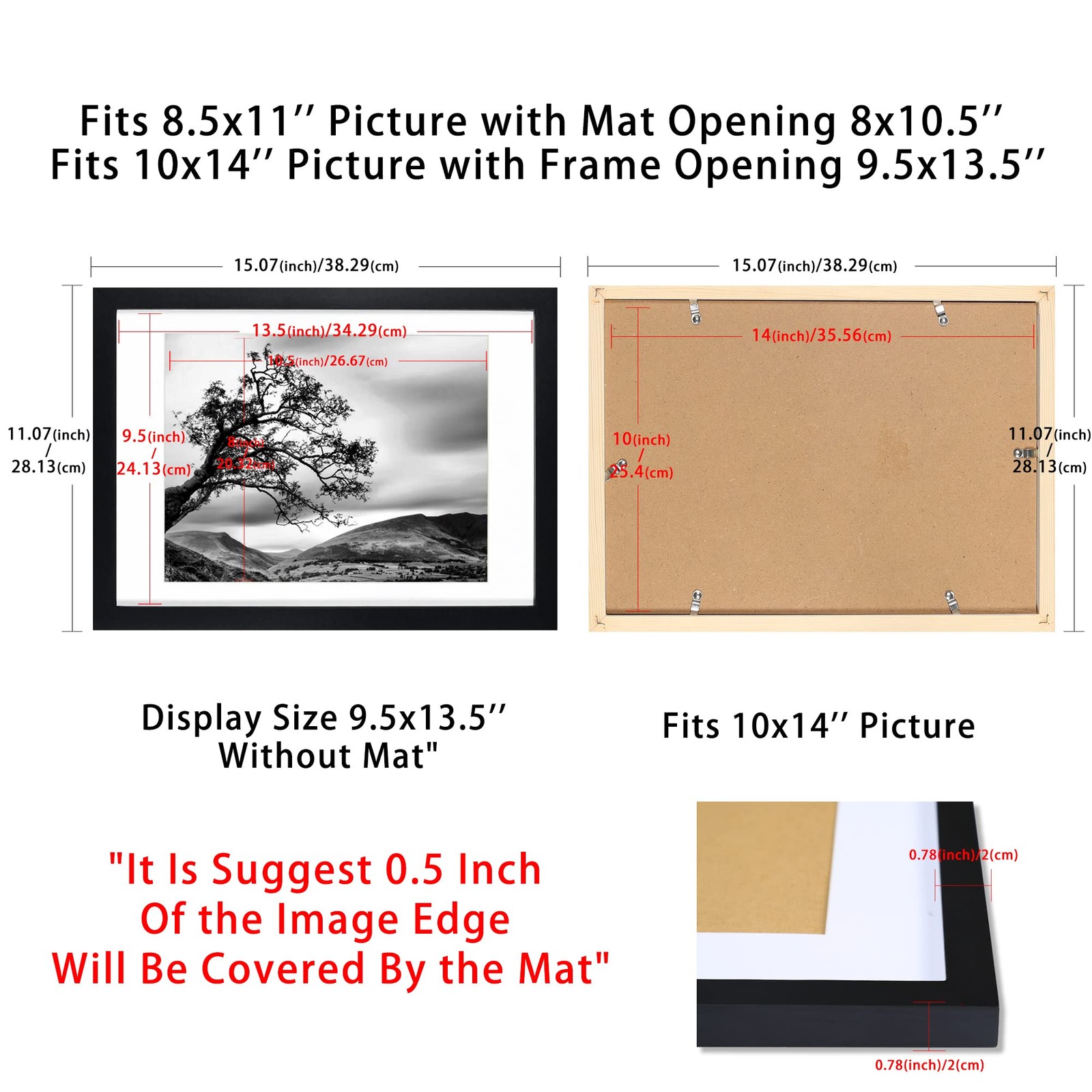 10×14 Picture Frames Black, Solid Wood Display Pictures 8.5×11 with Mat or 10…