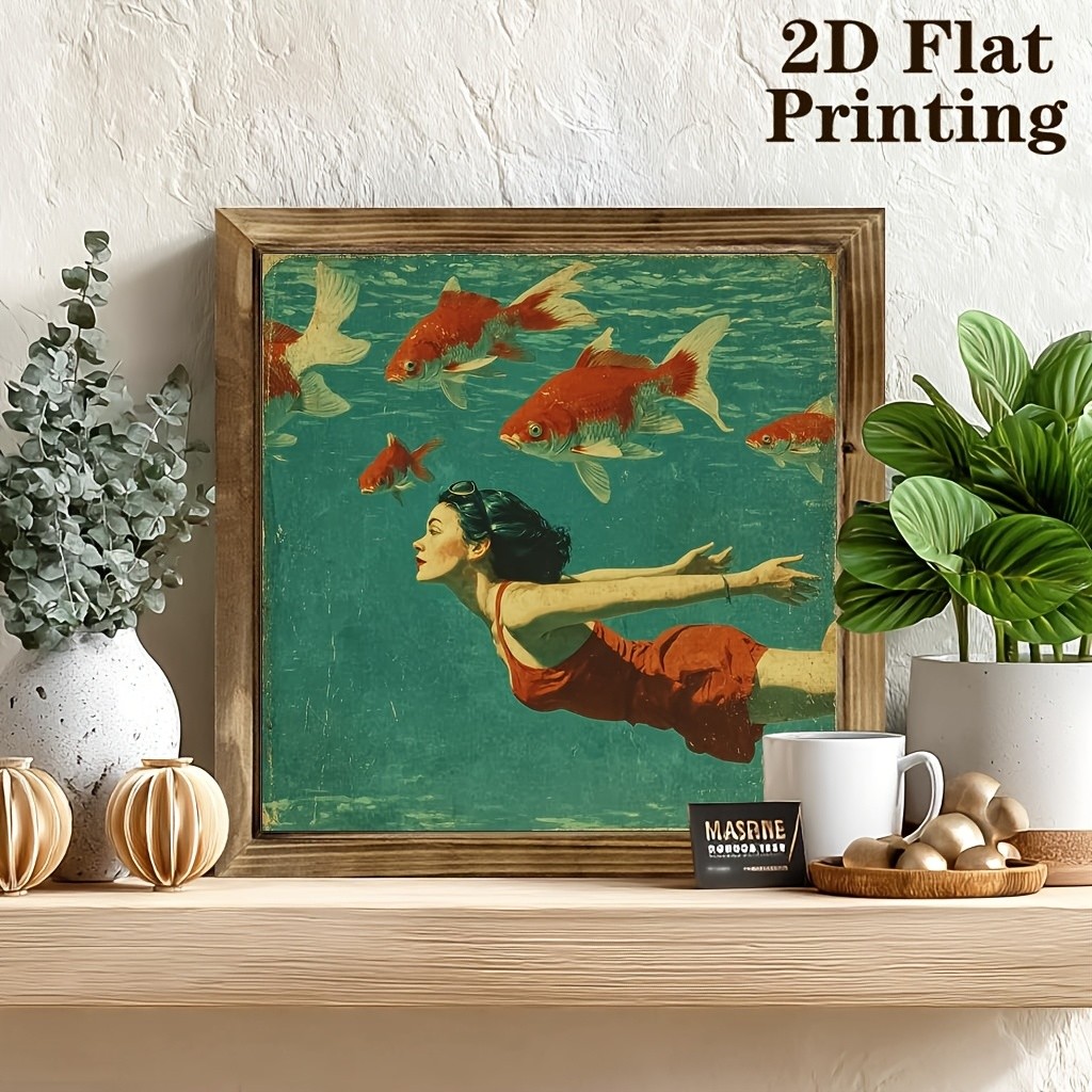 Summer Goldfish & Red Dress Girl Wooden Plaque Vintage Coastal Home Decor