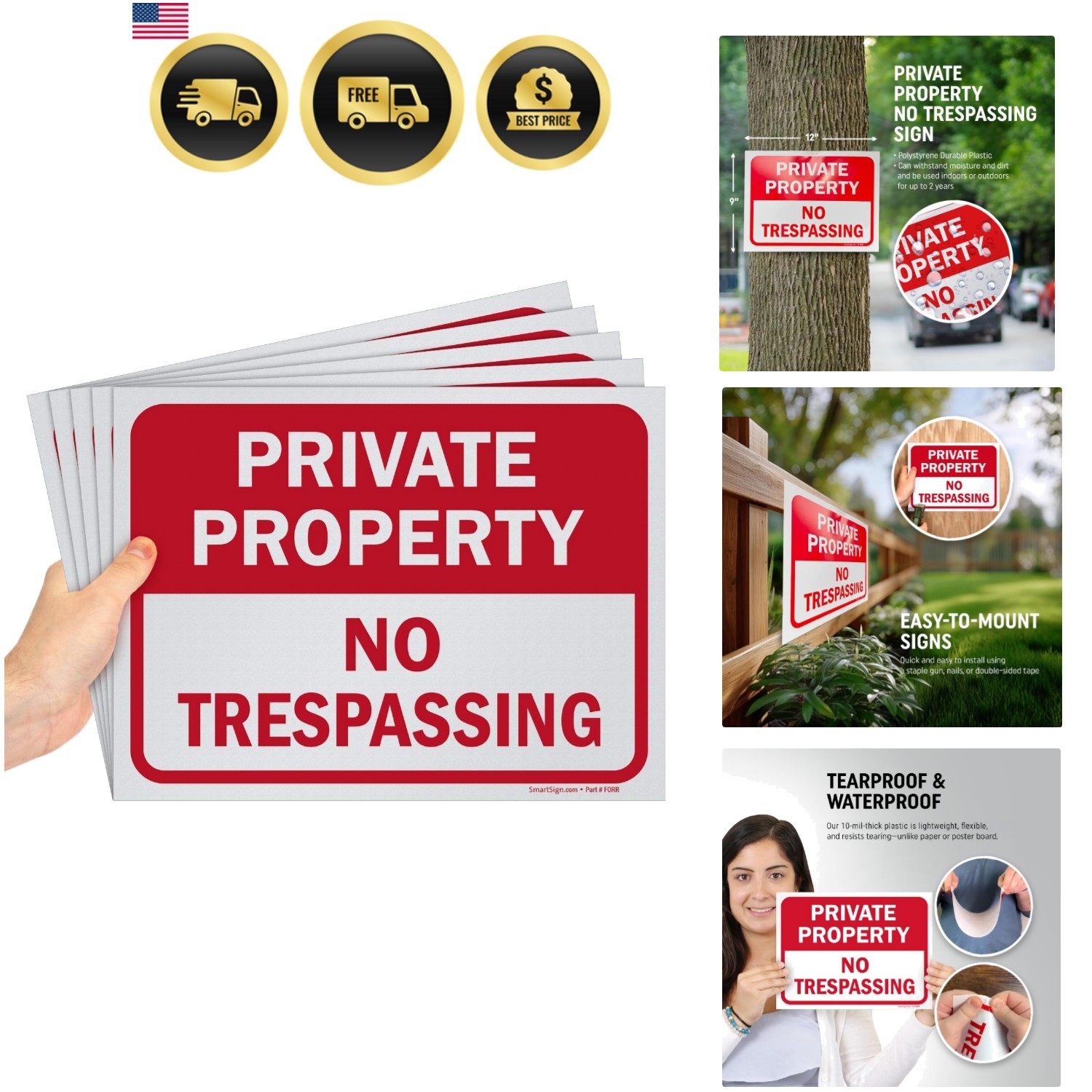 Private Property No Trespassing Sign, 9&Prime; x 12&Prime; Polystyrene Plastic Pack of 5 …