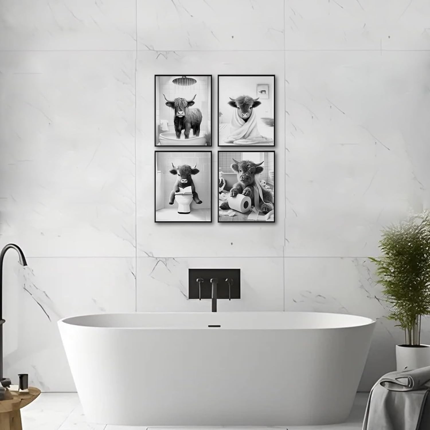 Humorous Black and White Highland Cow Canvas Prints – 8x10in Bathroom Decor